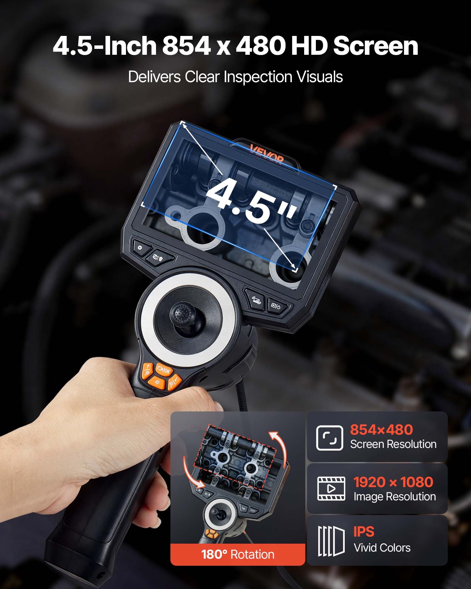 VEVOR Endoscopio Cámara de Inspección de 360° Articulado en 4 Direcciones con Pantalla IPS, 3000 mAh, Sonda de 8 mm, 32 GB, Cable de 1,5 m, Luces LED, Zoom Multinivel, para Automoción y Fontanería
