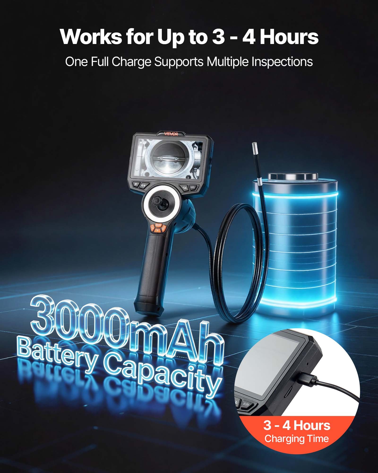 VEVOR Endoscopio Cámara de Inspección de 360° Articulado en 4 Direcciones con Pantalla IPS, 3000 mAh, Sonda de 8 mm, 32 GB, Cable de 1,5 m, Luces LED, Zoom Multinivel, para Automoción y Fontanería