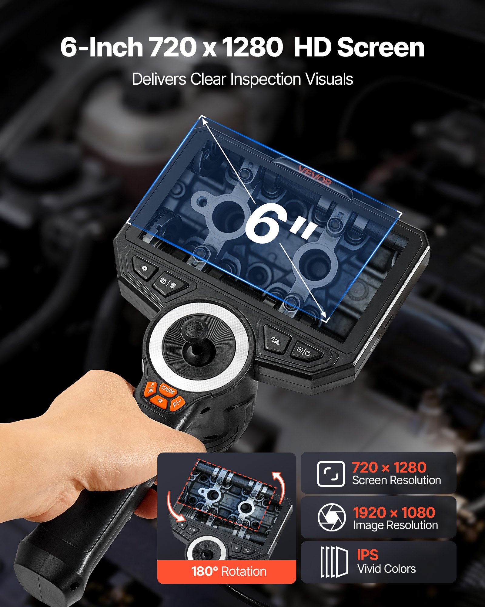 VEVOR Endoscopio Cámara de Inspección de 360° Articulado en 4 Direcciones con Pantalla IPS, Sonda de 6,2 mm, Batería 7000 mAh, Luces LED, 32 GB, Zoom Multinivel, para Espacios Reducidos Motores y HVAC