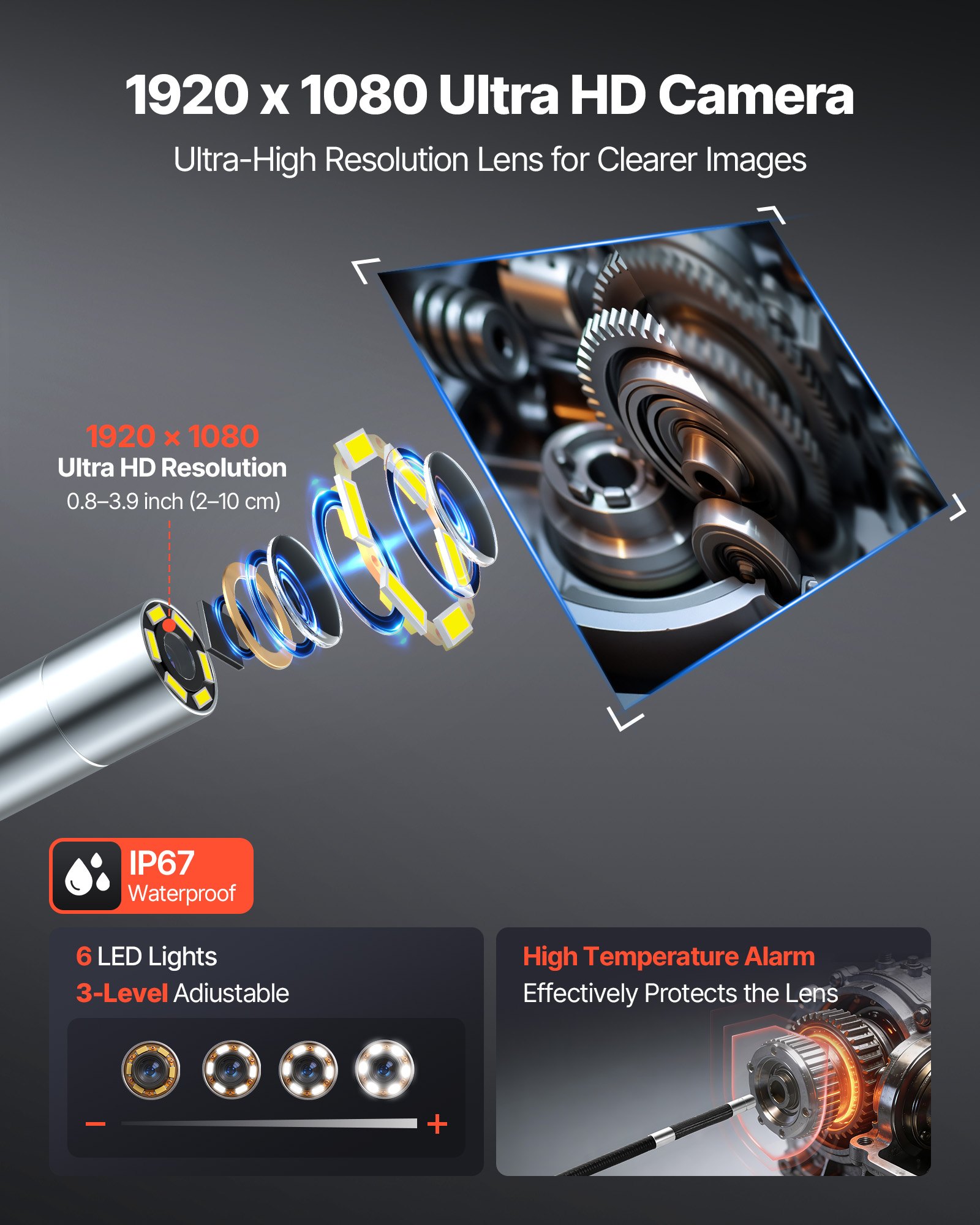 VEVOR Endoscopio Cámara de Inspección de 360° Articulado en 4 Direcciones con Pantalla IPS, Sonda de 6,2 mm, Batería 7000 mAh, Luces LED, 32 GB, Zoom Multinivel, para Espacios Reducidos Motores y HVAC