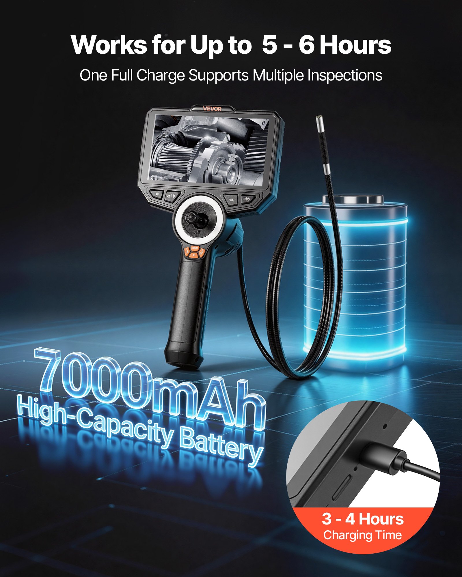 VEVOR Endoscopio Cámara de Inspección de 360° Articulado en 4 Direcciones con Pantalla IPS, Sonda de 6,2 mm, Batería 7000 mAh, Luces LED, 32 GB, Zoom Multinivel, para Espacios Reducidos Motores y HVAC