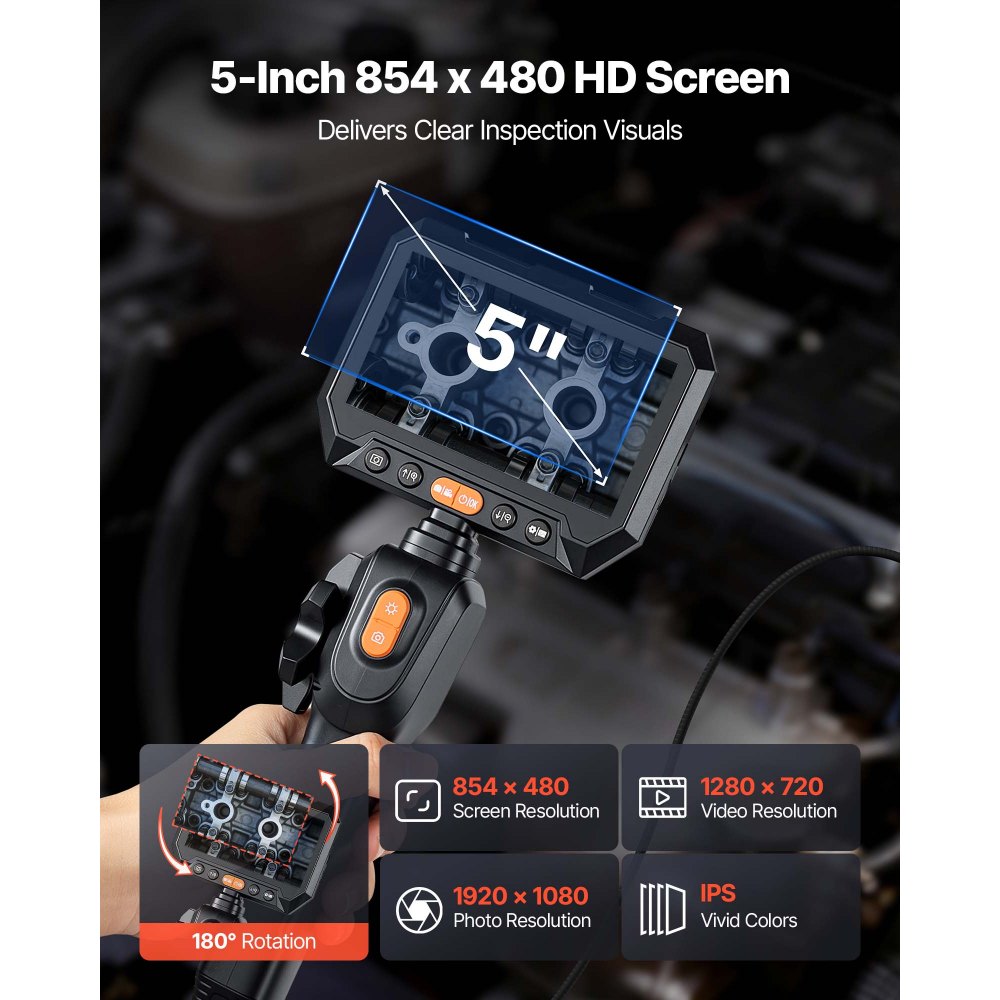 VEVOR Endoscopio Articulado 180°, Cámara de Inspección con Sonda de 3,9 mm, Pantalla IPS, Batería 5000 mAh, Zoom Multinivel, Cable de 1,5 m, 6 Luces LED, 32 GB, para Motores, HVAC y Espacios Reducidos