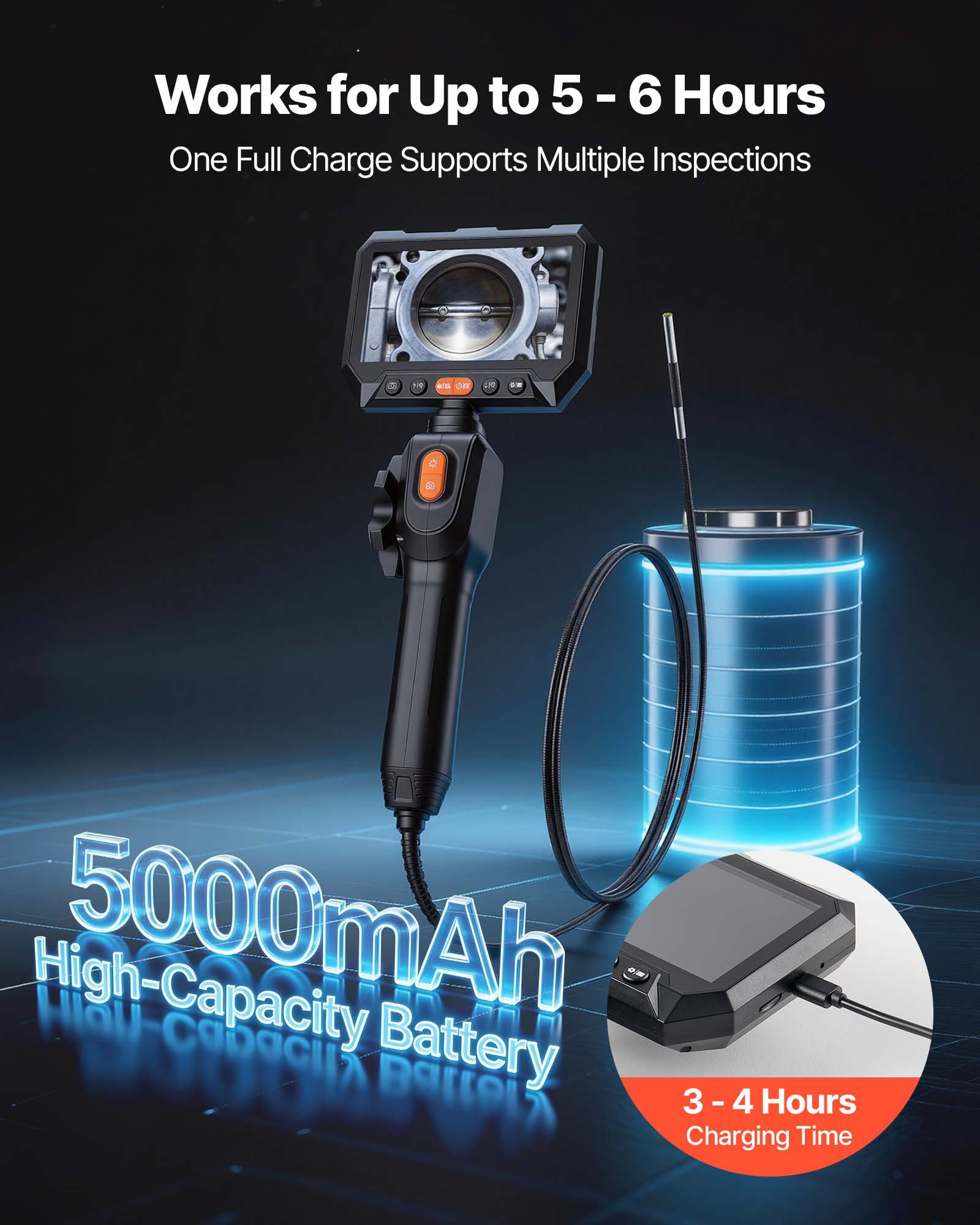 VEVOR Endoscopio Articulado 180°, Cámara de Inspección con Sonda de 3,9 mm, Pantalla IPS, Batería 5000 mAh, Zoom Multinivel, Cable de 1,5 m, 6 Luces LED, 32 GB, para Motores, HVAC y Espacios Reducidos