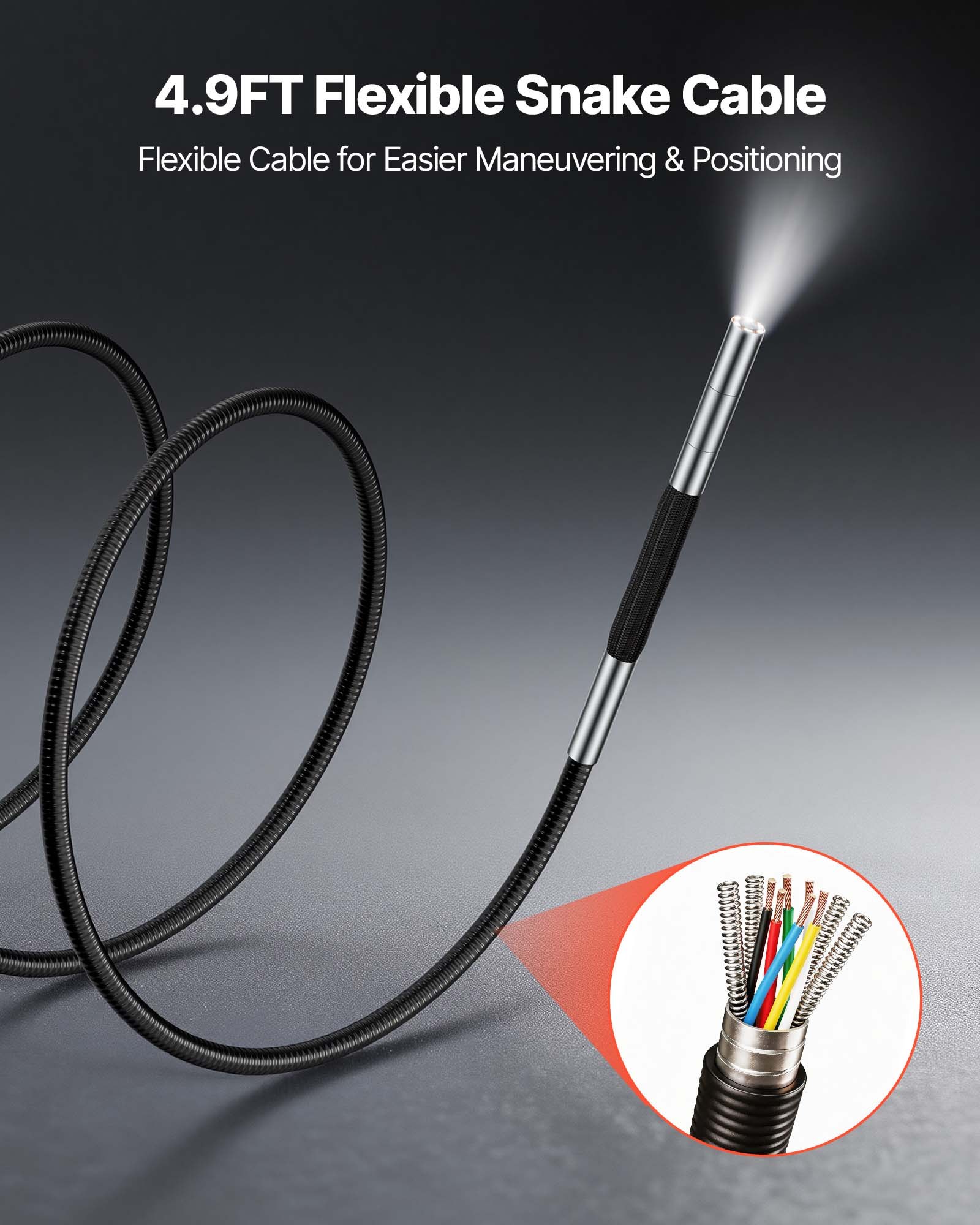 VEVOR Endoscopio Articulado 180°, Cámara de Inspección con Sonda de 3,9 mm, Pantalla IPS, Batería 5000 mAh, Zoom Multinivel, Cable de 1,5 m, 6 Luces LED, 32 GB, para Motores, HVAC y Espacios Reducidos