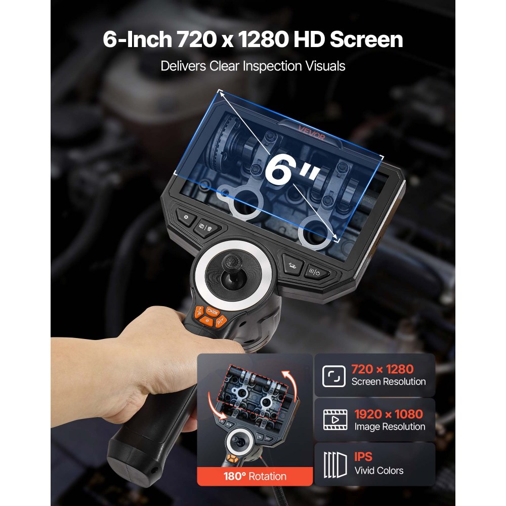 VEVOR Endoscopio Cámara de Inspección de 360° Articulado en 4 Direcciones con Pantalla IPS, Batería 7000 mAh, Sonda de 8 mm, 32 GB, Luces LED, Zoom Multinivel, para Espacios Reducidos, HVAC y Motores