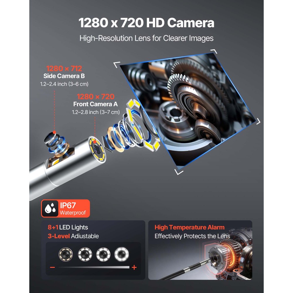 VEVOR Endoscopio Cámara de Inspección de Doble Cámara Articulado 180° con Pantalla Dividida IPS, Sonda de 8 mm, Cable de 1,5 m, 5000 mAh, 32 GB, Zoom Multinivel, para Motores, Automoción y Fontanería