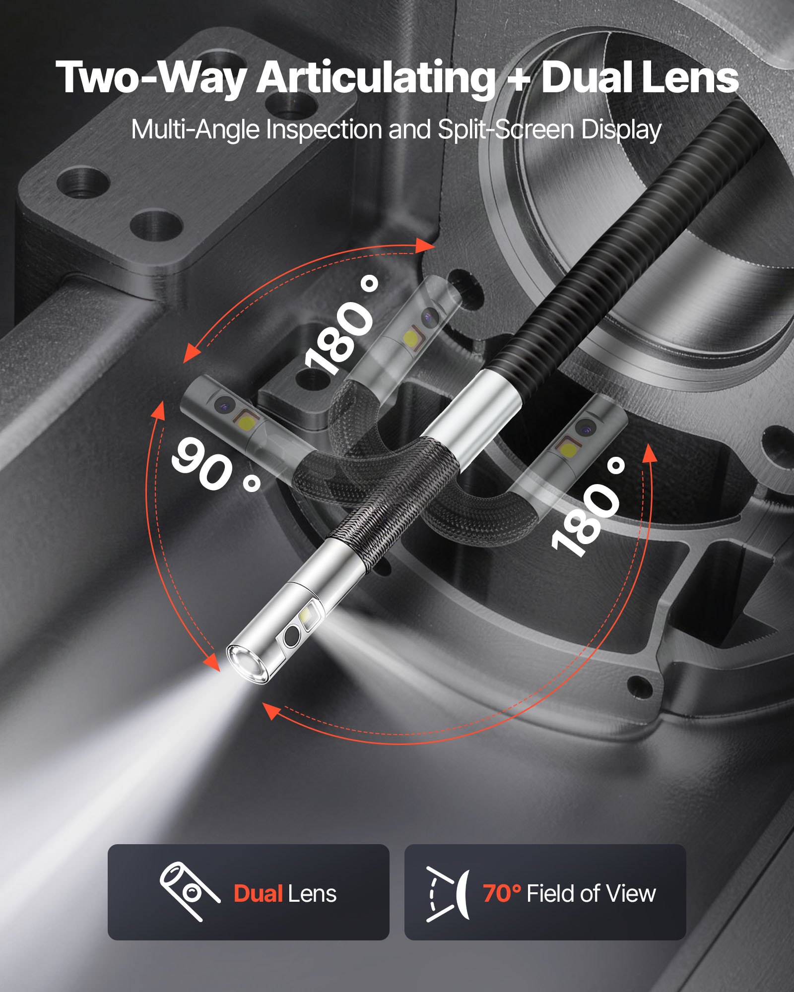 VEVOR Endoscopio Cámara de Inspección de Doble Cámara Articulado 180° con Pantalla Dividida IPS, Sonda de 8 mm, Cable de 1,5 m, 5000 mAh, 32 GB, Zoom Multinivel, para Motores, Automoción y Fontanería