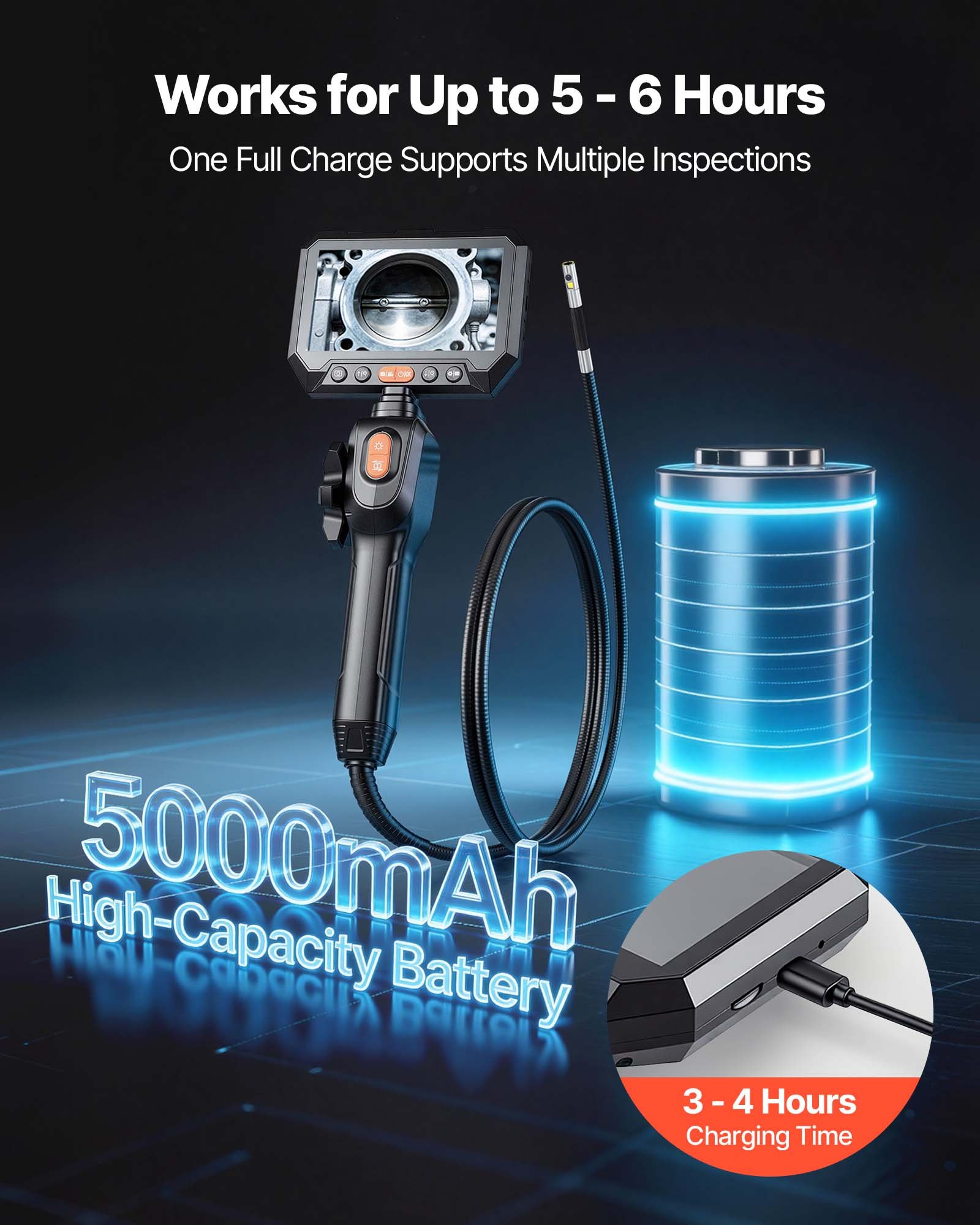 VEVOR Endoscopio Cámara de Inspección de Doble Cámara Articulado 180° con Pantalla Dividida IPS, Sonda de 8 mm, Cable de 1,5 m, 5000 mAh, 32 GB, Zoom Multinivel, para Motores, Automoción y Fontanería