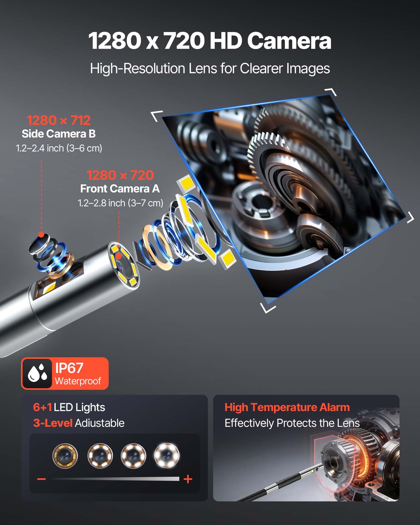 VEVOR Endoscopio Cámara de Inspección de Doble Cámara Articulado 180° con Pantalla Dividida IPS, Zoom Multinivel, Cable de 1,5 m, Sonda de 6,2 mm, 5000 mAh, 32 GB, para Motores Fontanería y Automoción