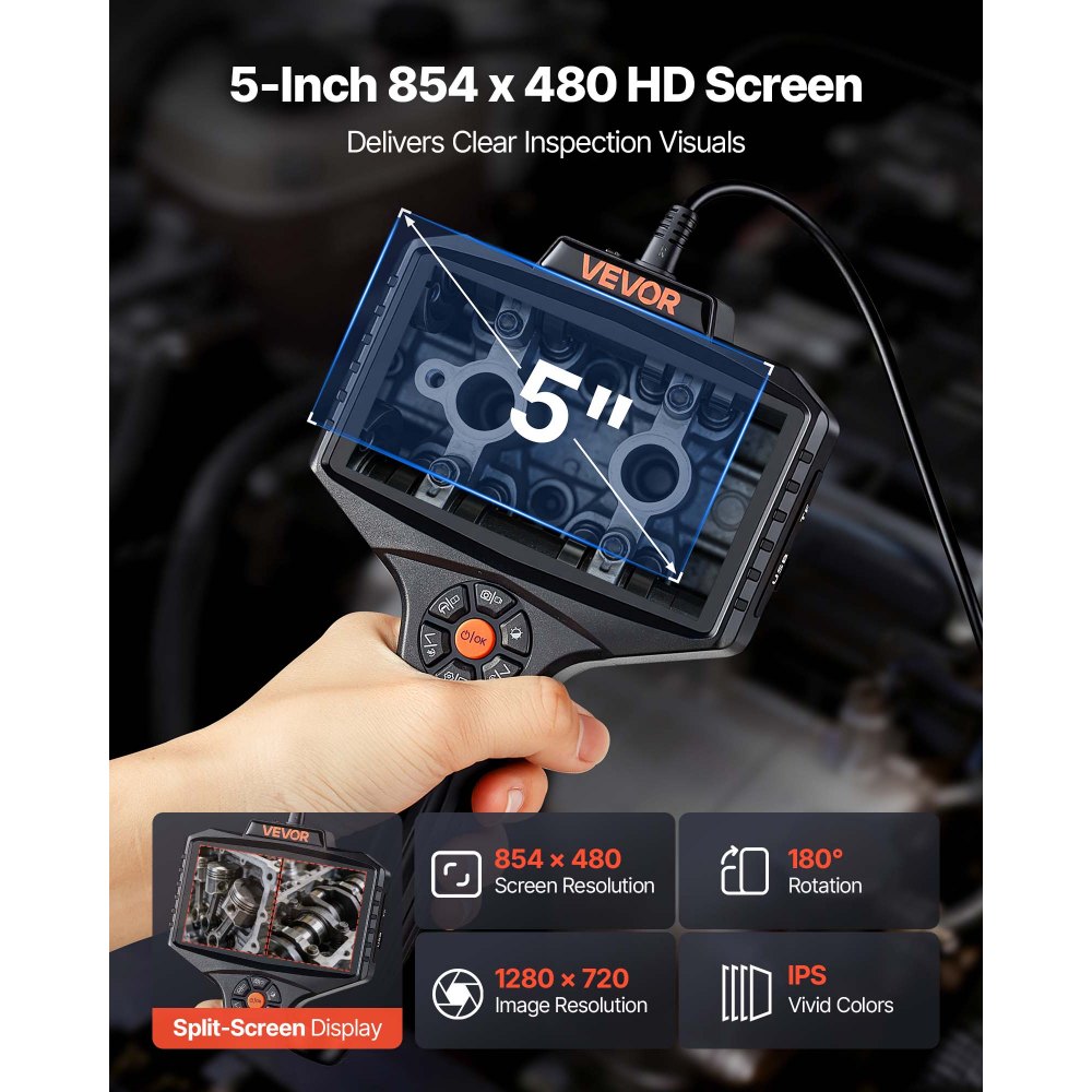 VEVOR Endoscopio de Doble Cámara con Rotación Motorizada 360°, Cámara de Inspección con Pantalla IPS Dividida, Sonda Delgada de 8 mm, Cable de 5 m, 5000 mAh, 32 GB, LED para Motores, HVAC y Tuberías