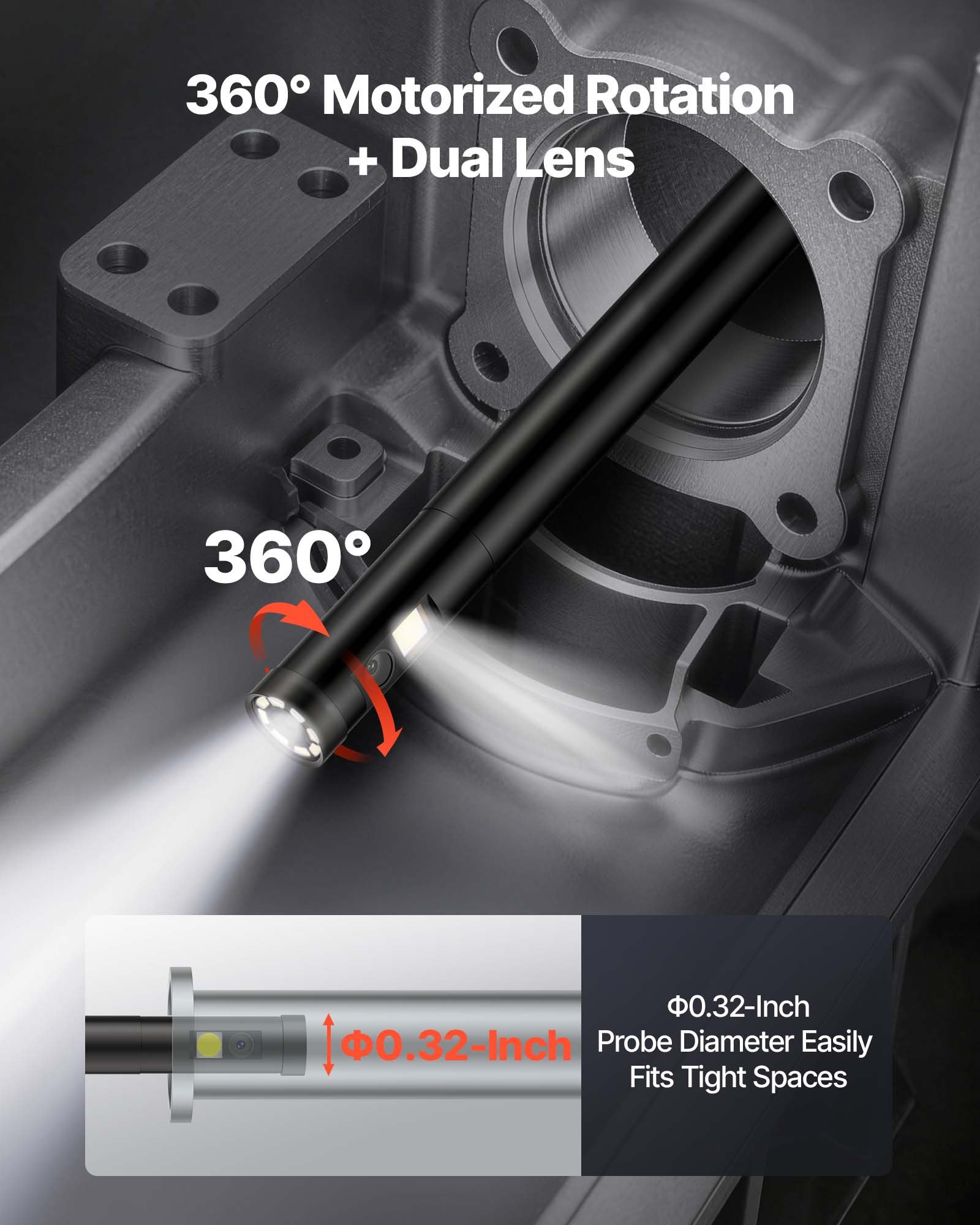 VEVOR Endoscopio de Doble Cámara con Rotación Motorizada 360°, Cámara de Inspección con Pantalla IPS Dividida, Sonda Delgada de 8 mm, Cable de 5 m, 5000 mAh, 32 GB, LED para Motores, HVAC y Tuberías