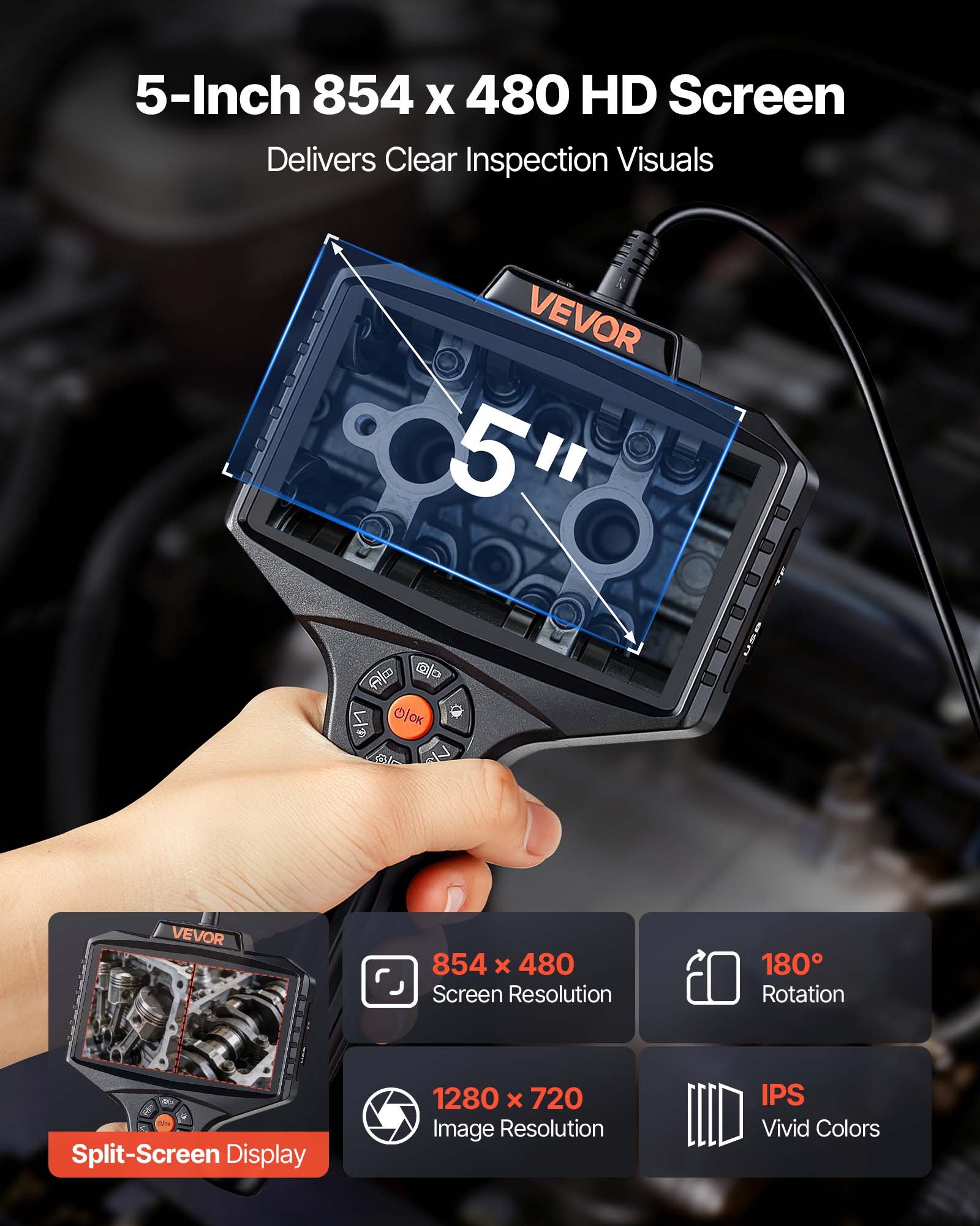 VEVOR Endoscopio de Doble Cámara con Rotación Motorizada 360°, Cámara de Inspección con Pantalla IPS Dividida, Sonda Delgada de 8 mm, Cable de 5 m, 5000 mAh, 32 GB, LED para Motores, HVAC y Tuberías