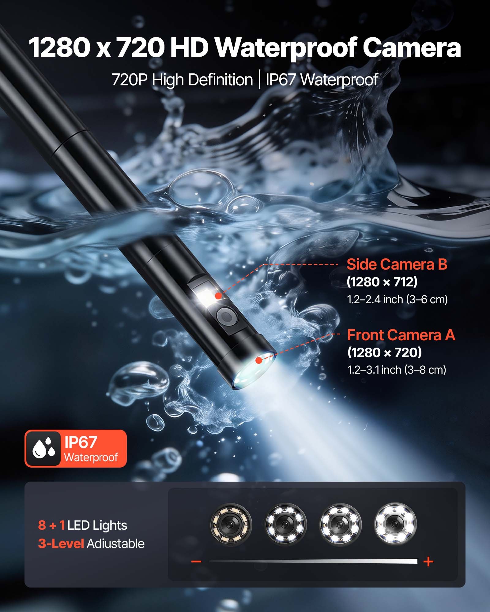 VEVOR Endoscopio de Doble Cámara con Rotación Motorizada 360°, Cámara de Inspección con Pantalla IPS Dividida, Sonda Delgada de 8 mm, Cable de 5 m, 5000 mAh, 32 GB, LED para Motores, HVAC y Tuberías