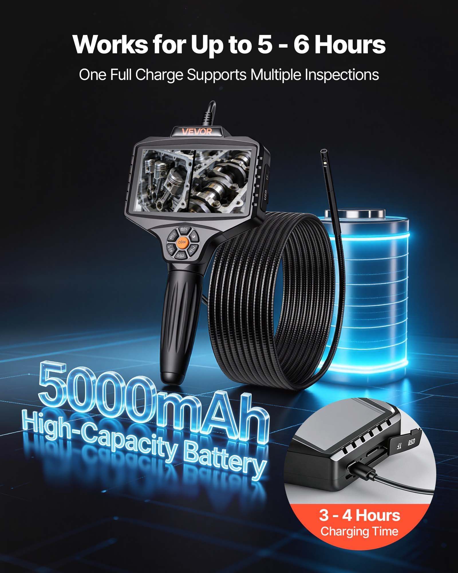 VEVOR Endoscopio de Doble Cámara con Rotación Motorizada 360°, Cámara de Inspección con Pantalla IPS Dividida, Sonda Delgada de 8 mm, Cable de 5 m, 5000 mAh, 32 GB, LED para Motores, HVAC y Tuberías