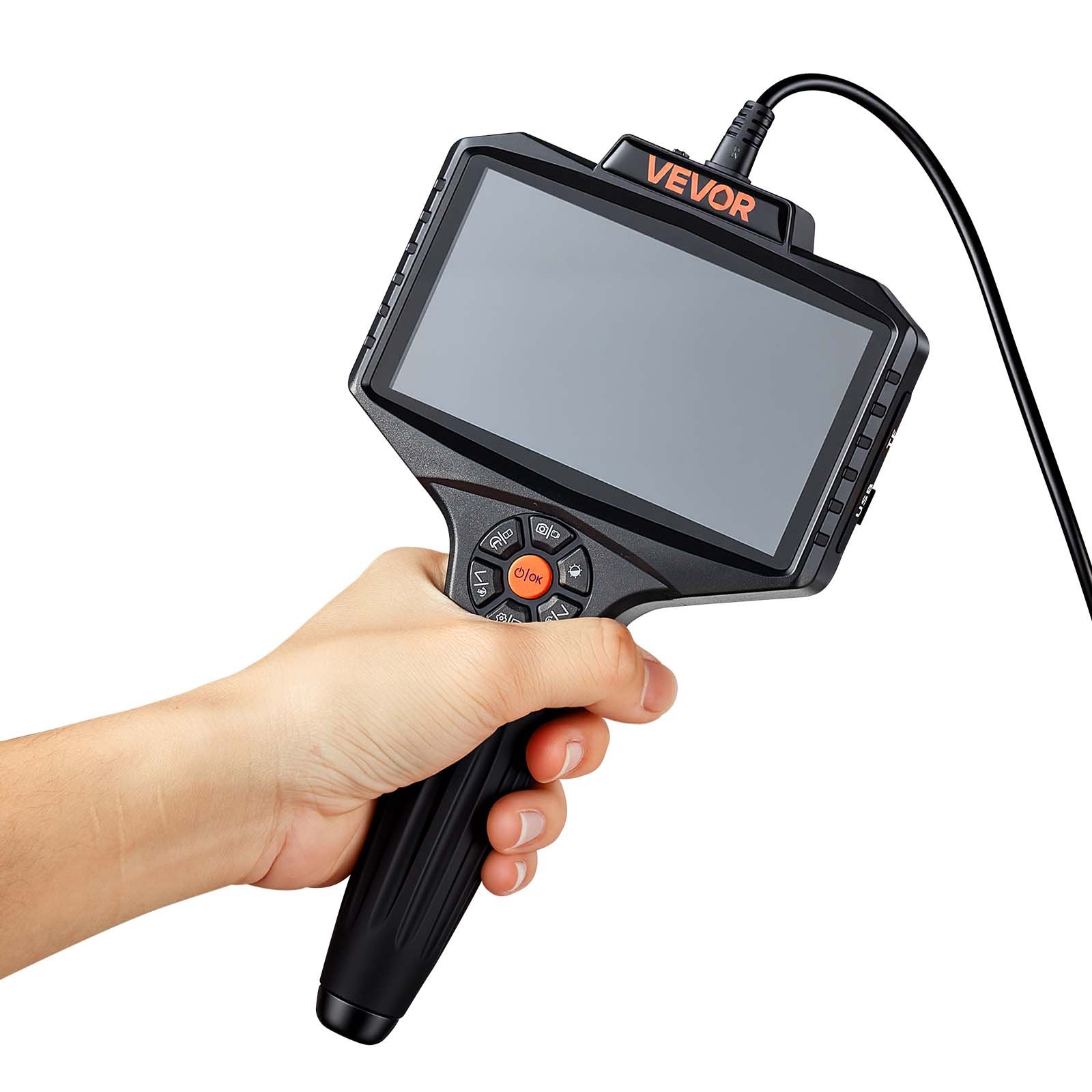 VEVOR Endoscopio de Doble Cámara con Rotación Motorizada 360°, Cámara de Inspección con Pantalla IPS Dividida, Sonda Delgada de 8 mm, Cable de 5 m, 5000 mAh, 32 GB, LED para Motores, HVAC y Tuberías