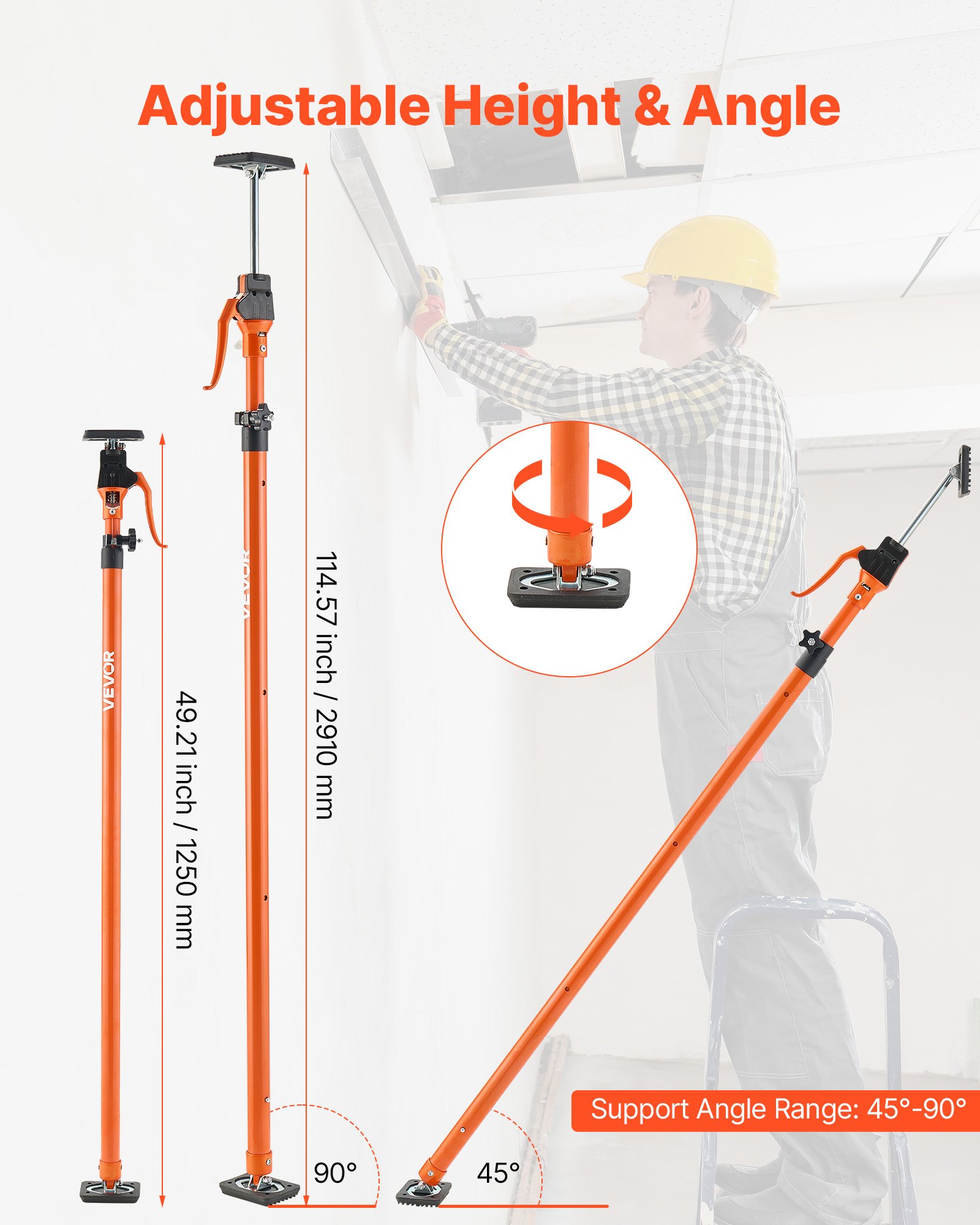 VEVOR Barra de Soporte para Elevador de Armarios, 4 Piezas, Ajustable 125-291 cm, Varilla Telescópica Rápida Resistente de Acero, Carga de 90 kg para Instalar Armarios y Levantar Paneles de Yeso