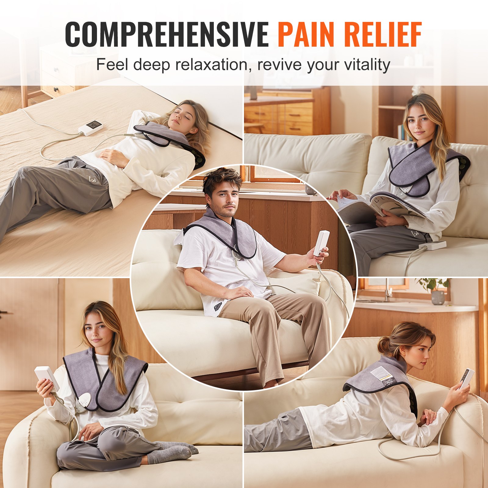 Almohadilla térmica de infrarrojos lejanos VEVOR, almohadilla térmica con 54 piedras de jade natural y 30 piedras de turmalina para aliviar el dolor de cuello y hombros, almohadilla térmica de 103-159 ℉ con controlador inteligente y apagado automático, regalo ideal para mamá y papá