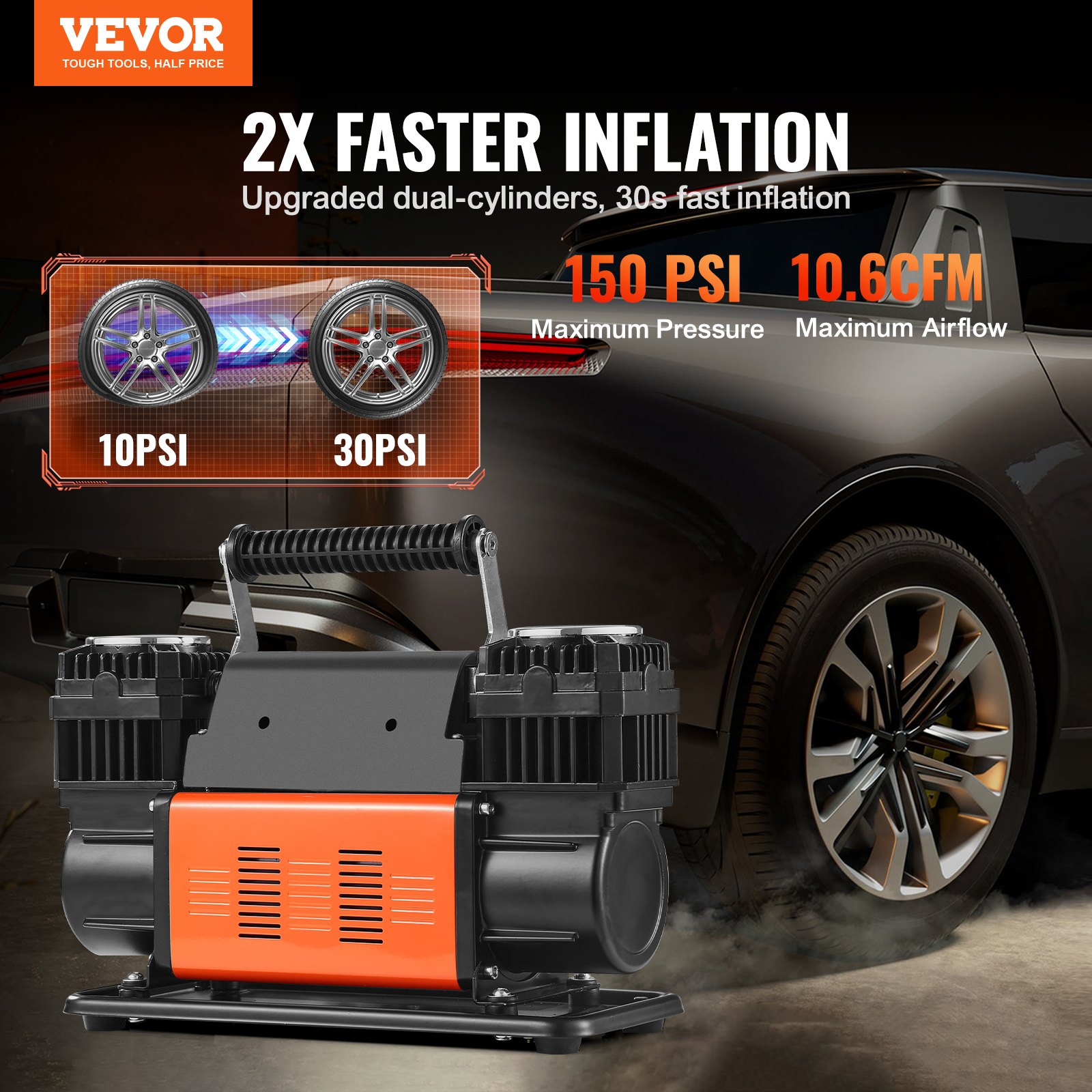 Compresor de aire de alta resistencia VEVOR de 10,6 CFM, inflado rápido en 30 s, inflador de neumáticos portátil de doble cilindro, bomba de aire todoterreno de 12 V y 150 PSI con adaptadores para camiones, automóviles, SUV, vehículos 4x4 y vehículos recreativos