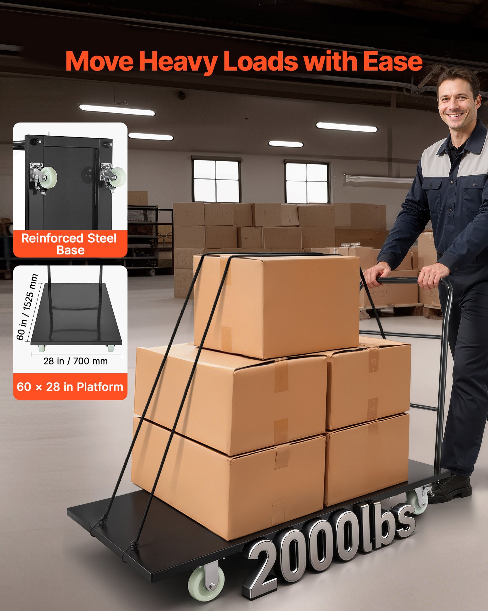 VEVOR Carro Plataforma Plegable 1525x700 mm para Trabajo Pesado, Carretilla de Transporte Carga de 907 kg, Carrito Portaequipajes con Plataforma con Ruedas, para Tareas Domésticas, Almacén, Mudanza