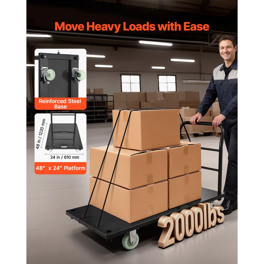 VEVOR Carro Plataforma Plegable 122 x 61 cm para Trabajo Pesado, Carretilla de Transporte Carga de 907 kg, Carrito Portaequipajes con Plataforma con Ruedas, para Tareas Domésticas, Almacén, Mudanza
