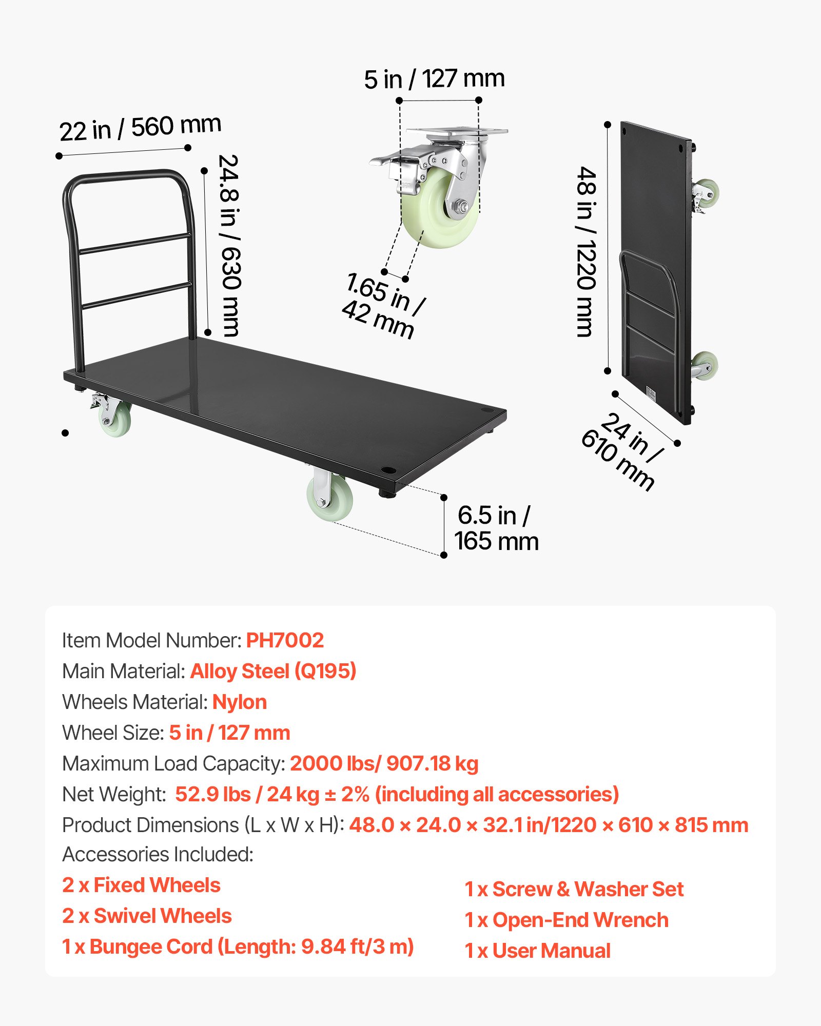 VEVOR Carro Plataforma Plegable 122 x 61 cm para Trabajo Pesado, Carretilla de Transporte Carga de 907 kg, Carrito Portaequipajes con Plataforma con Ruedas, para Tareas Domésticas, Almacén, Mudanza