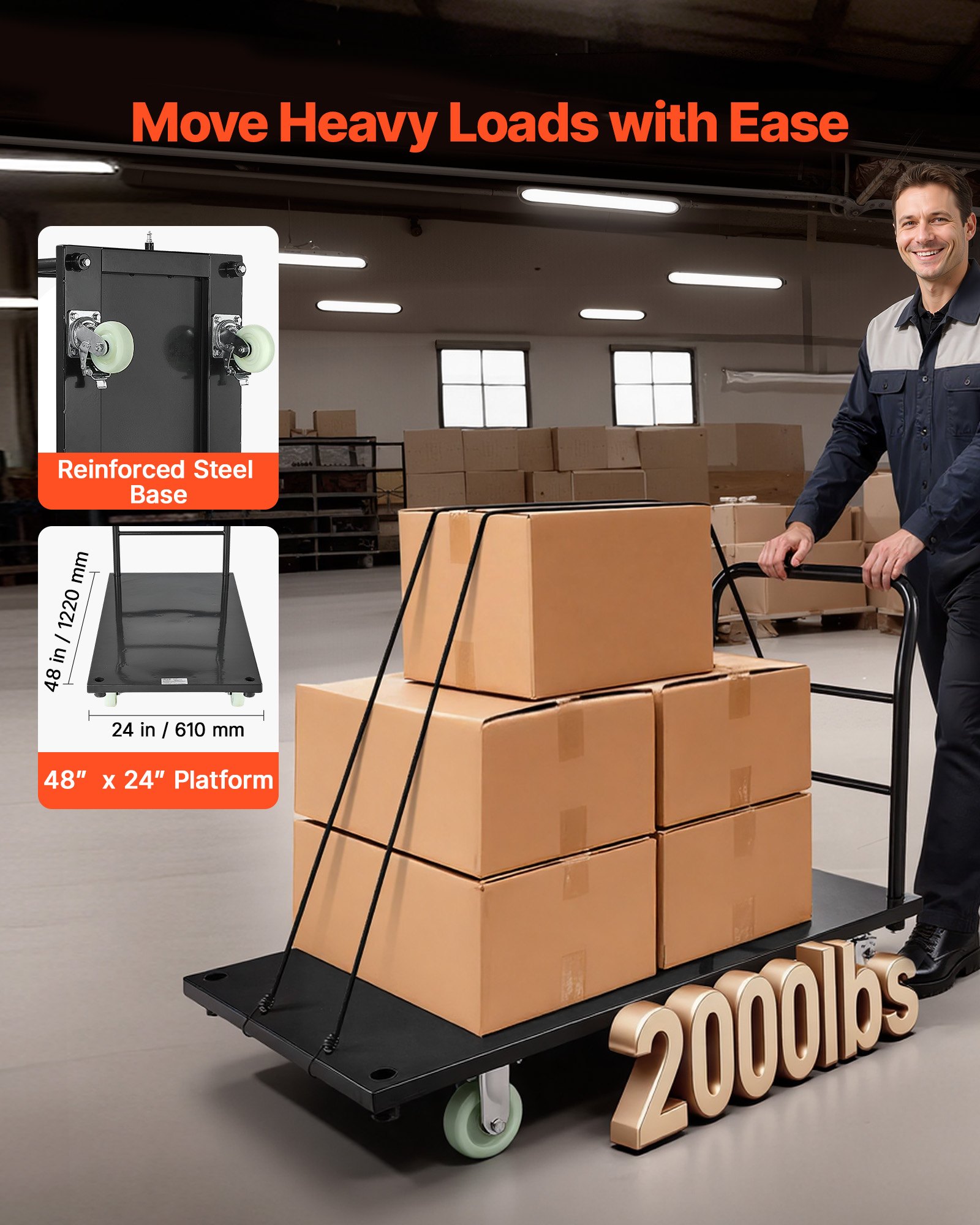 VEVOR Carro Plataforma Plegable 122 x 61 cm para Trabajo Pesado, Carretilla de Transporte Carga de 907 kg, Carrito Portaequipajes con Plataforma con Ruedas, para Tareas Domésticas, Almacén, Mudanza