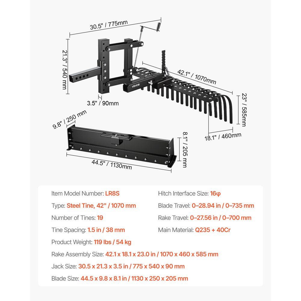 VEVOR Rastrillo para Tractor 106,7 cm de Ancho, Escarificador de Césped con Cuchilla y Palanca, Compatible con UTV ATV Tractor de Categoría 1 con Enganche Tripuntal, para Nivelar Terreno Limpiar Pajas