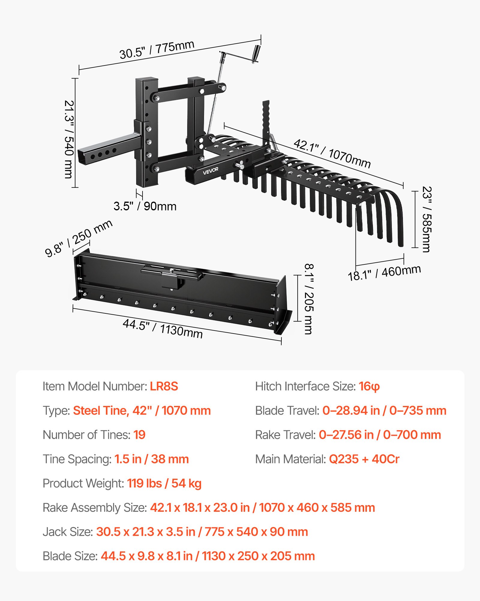 VEVOR Rastrillo para Tractor 106,7 cm de Ancho, Escarificador de Césped con Cuchilla y Palanca, Compatible con UTV ATV Tractor de Categoría 1 con Enganche Tripuntal, para Nivelar Terreno Limpiar Pajas