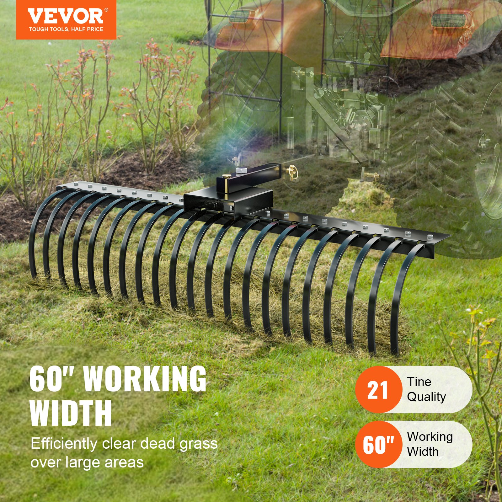VEVOR Rastrillo de Remolque detrás de Paisaje de 1524 x 450 x 410 mm con 21 Púas de Bobina de Acero, Se Fija a Barras de Herramientas y Sistemas de Suspensión de 3 Puntos, para Hojas, Agujas de Pino
