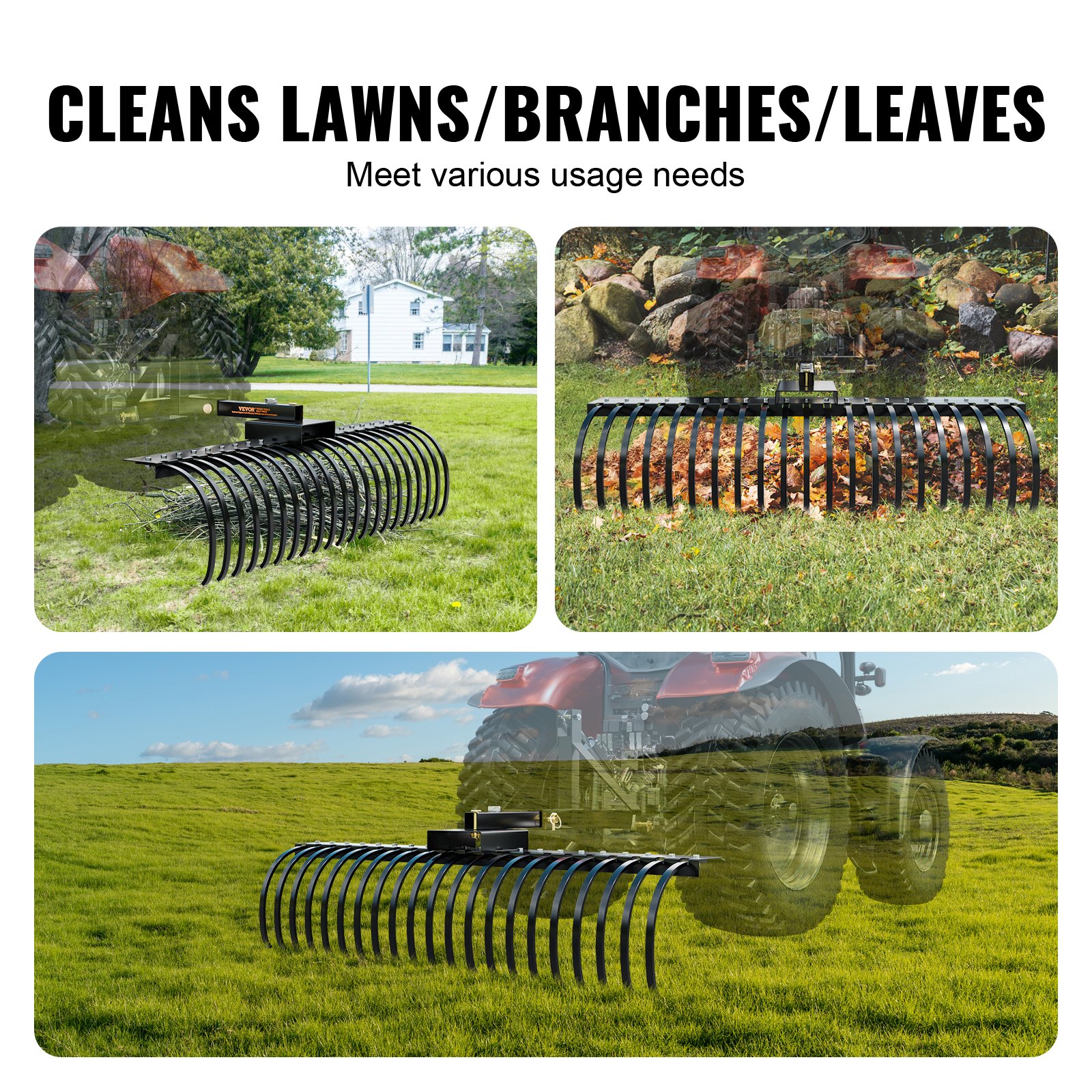 VEVOR Rastrillo de Remolque detrás de Paisaje de 1524 x 450 x 410 mm con 21 Púas de Bobina de Acero, Se Fija a Barras de Herramientas y Sistemas de Suspensión de 3 Puntos, para Hojas, Agujas de Pino