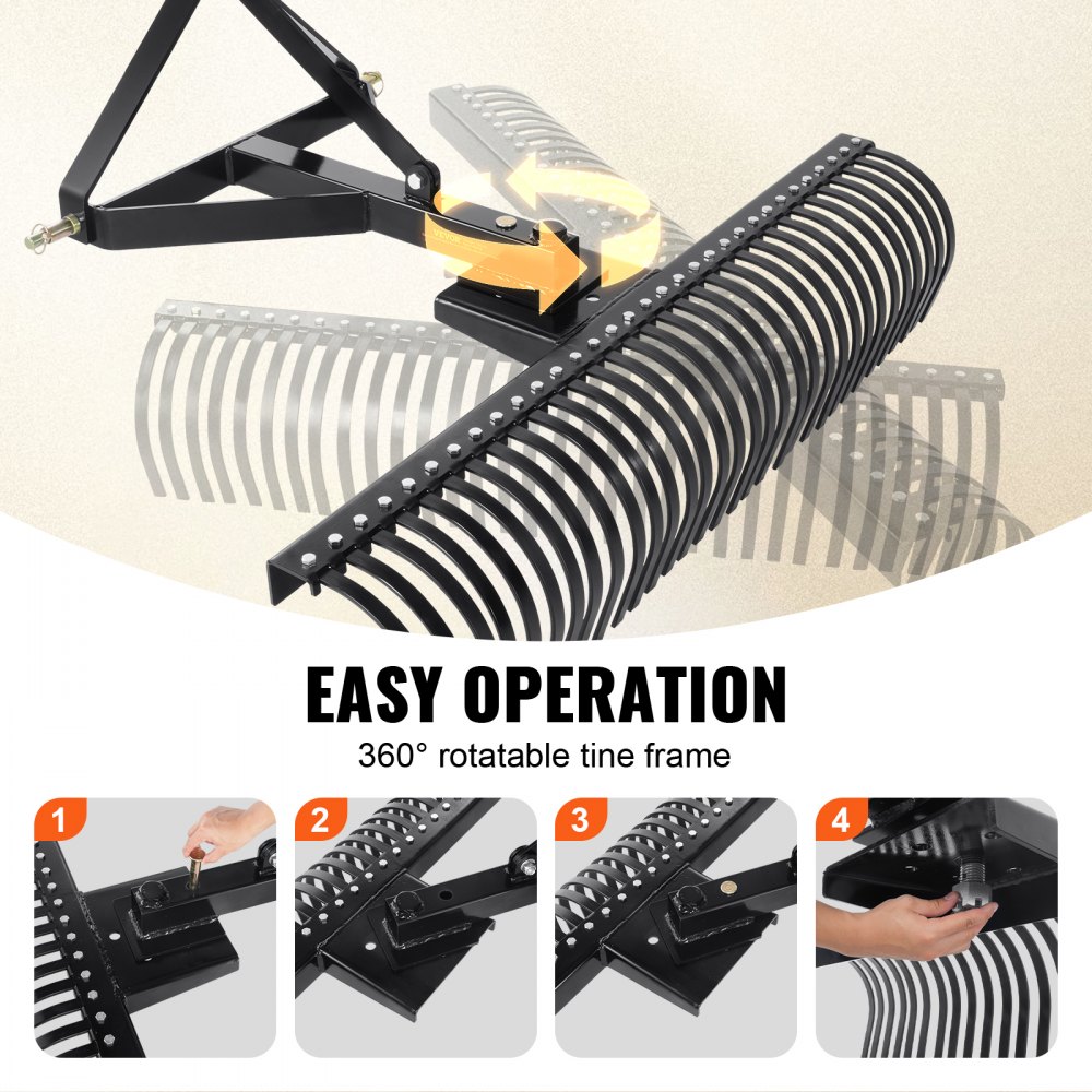 VEVOR Scarifier, 1.52 m Pull-Behind Rake with 32 Steel Tines, 3-Point Tractor-Mounted Lawn Scarifier Rake with Attachments, Landscape Rake for Garden, Farm, Grass