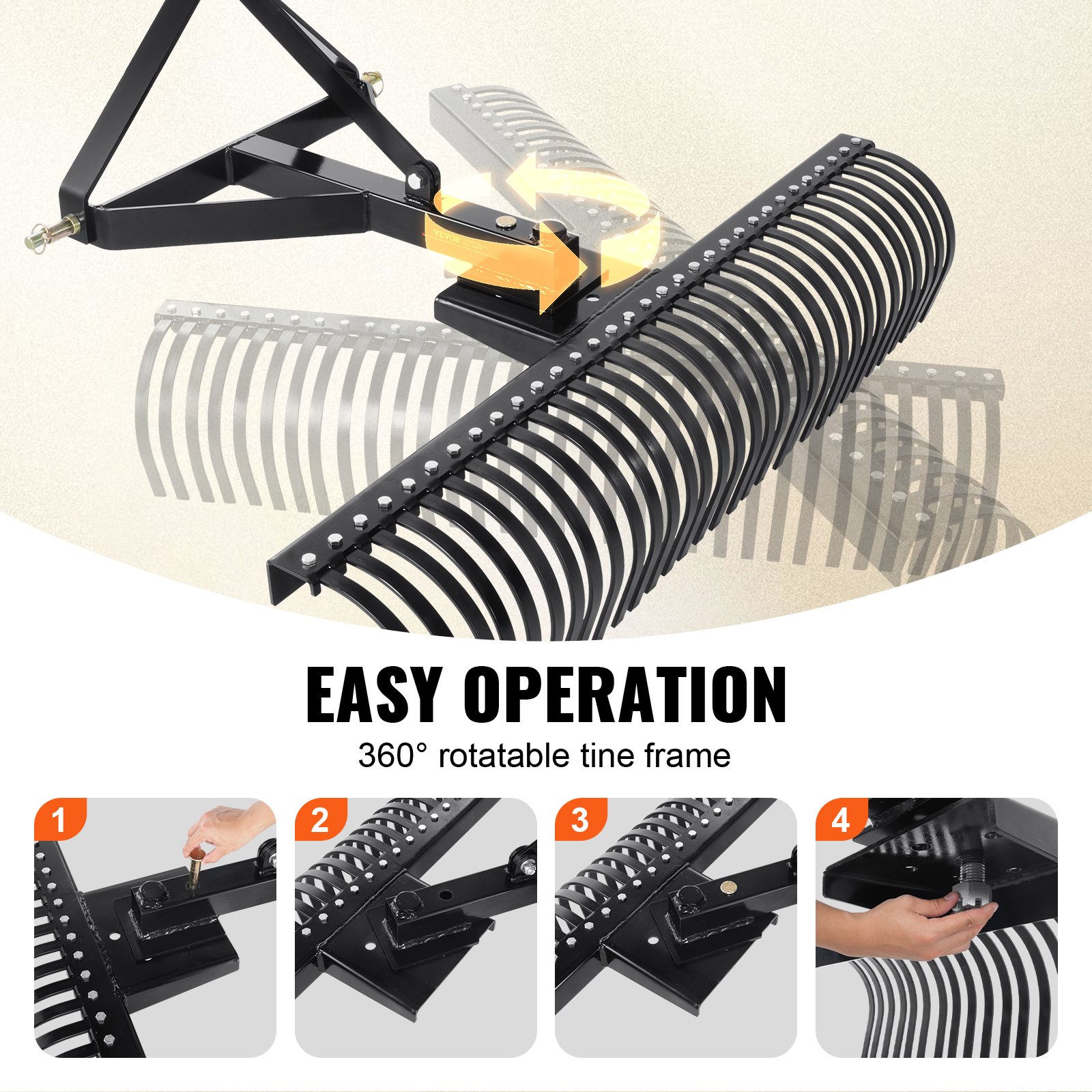 VEVOR Scarifier, 1.52 m Pull-Behind Rake with 32 Steel Tines, 3-Point Tractor-Mounted Lawn Scarifier Rake with Attachments, Landscape Rake for Garden, Farm, Grass