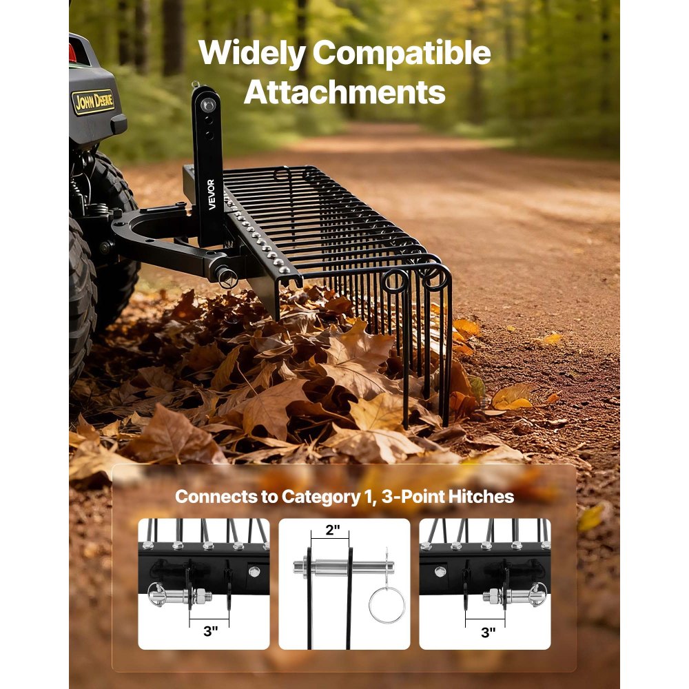 VEVOR Rastrillo para Tractor 150 cm de Ancho, Escarificador de Césped con 26 Púas de Acero Elástico, Compatible con Tractor de Categoría 1 con Enganche Tripuntal, para Jardinería Agrícola Limpieza
