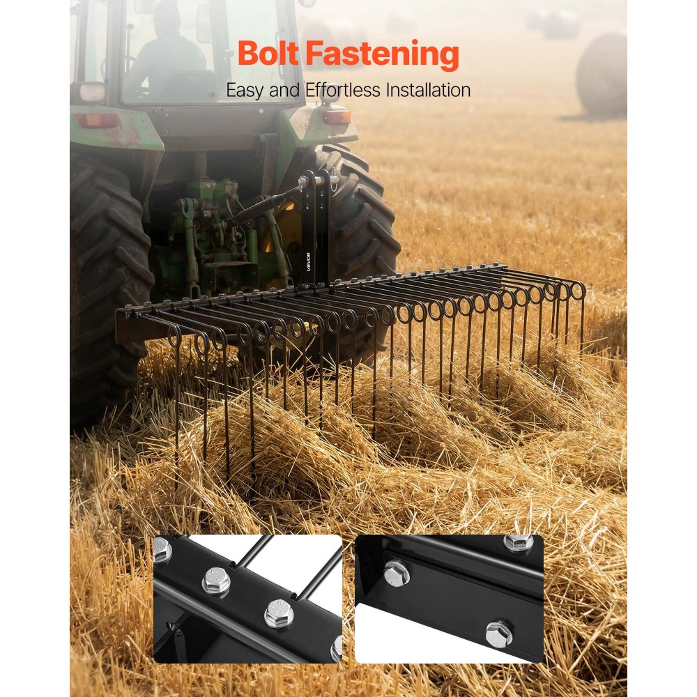 VEVOR Rastrillo para Tractor 150 cm de Ancho, Escarificador de Césped con 26 Púas de Acero Elástico, Compatible con Tractor de Categoría 1 con Enganche Tripuntal, para Jardinería Agrícola Limpieza