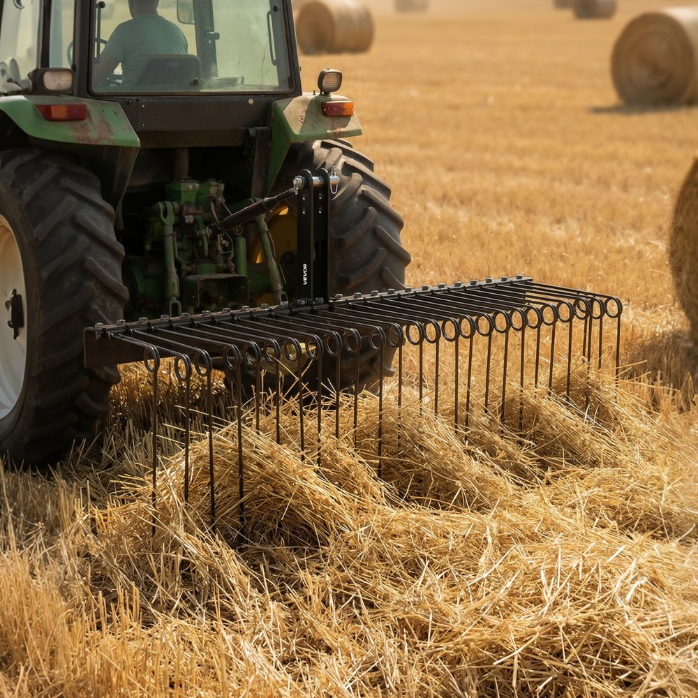 VEVOR Rastrillo para Tractor 150 cm de Ancho, Escarificador de Césped con 26 Púas de Acero Elástico, Compatible con Tractor de Categoría 1 con Enganche Tripuntal, para Jardinería Agrícola Limpieza