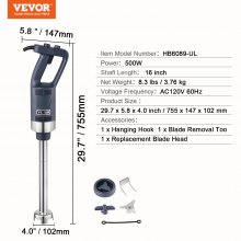 VEVOR Batidora de Mano Licuadora de Inmersión Velocidad Variable 500 W 406 mm