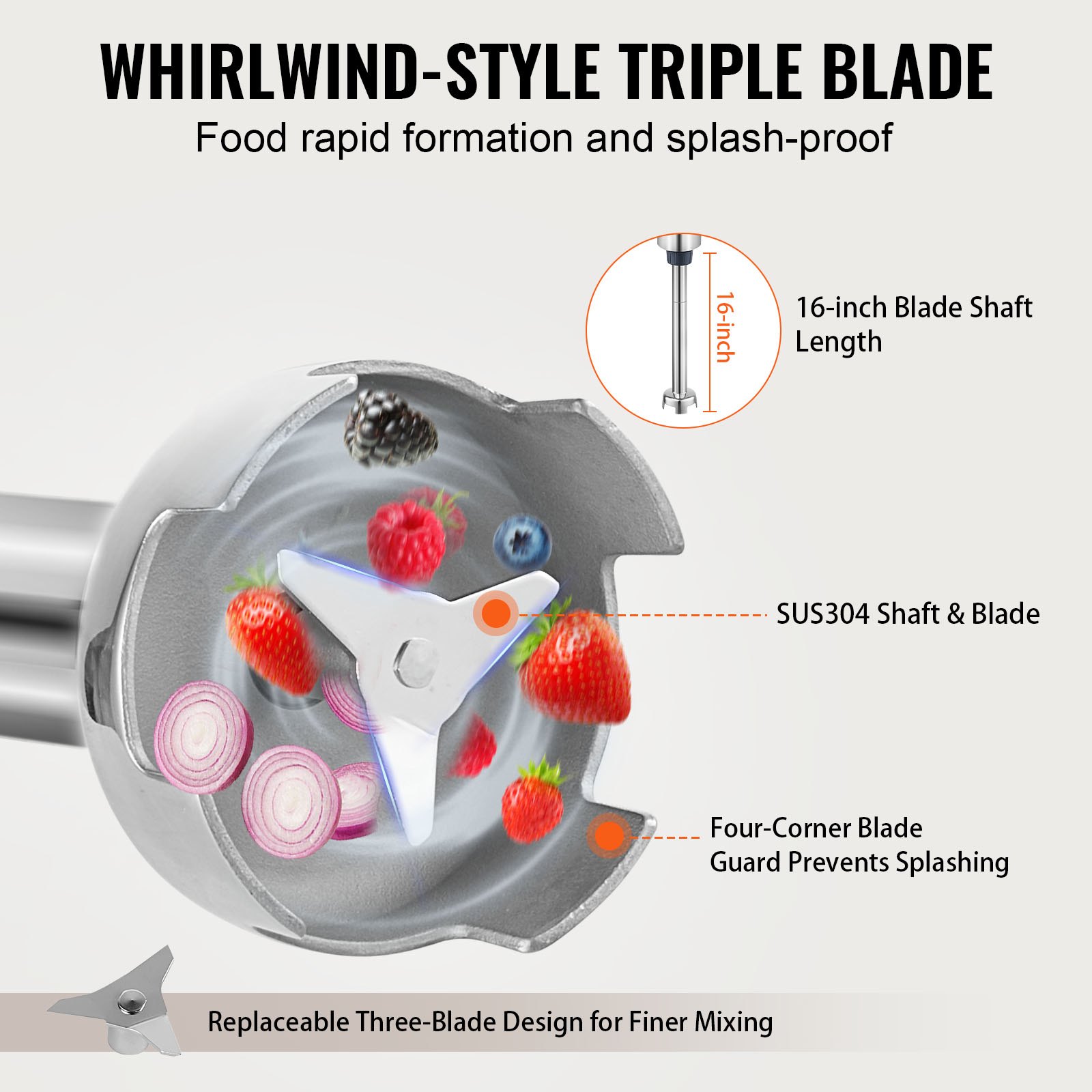 VEVOR Batidora de Mano Comercial 500W Batidora de Mano de Inmersión Eje de 406 mm Batidora Portátil de Velocidad Continuamente Variable con Hoja de Acero Inoxidable para Sopa Salsa Puré Crema