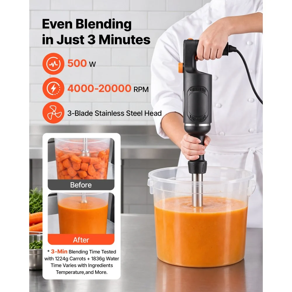 VEVOR Batidora de Inmersión 500W 30 cm Batidora de Mano de Alta Resistencia, para Restaurantes, con Motor de Cobre Puro, Cabezal de Acero Inoxidable de 3 Aspas, Velocidad Variable, para Sopas y Salsas