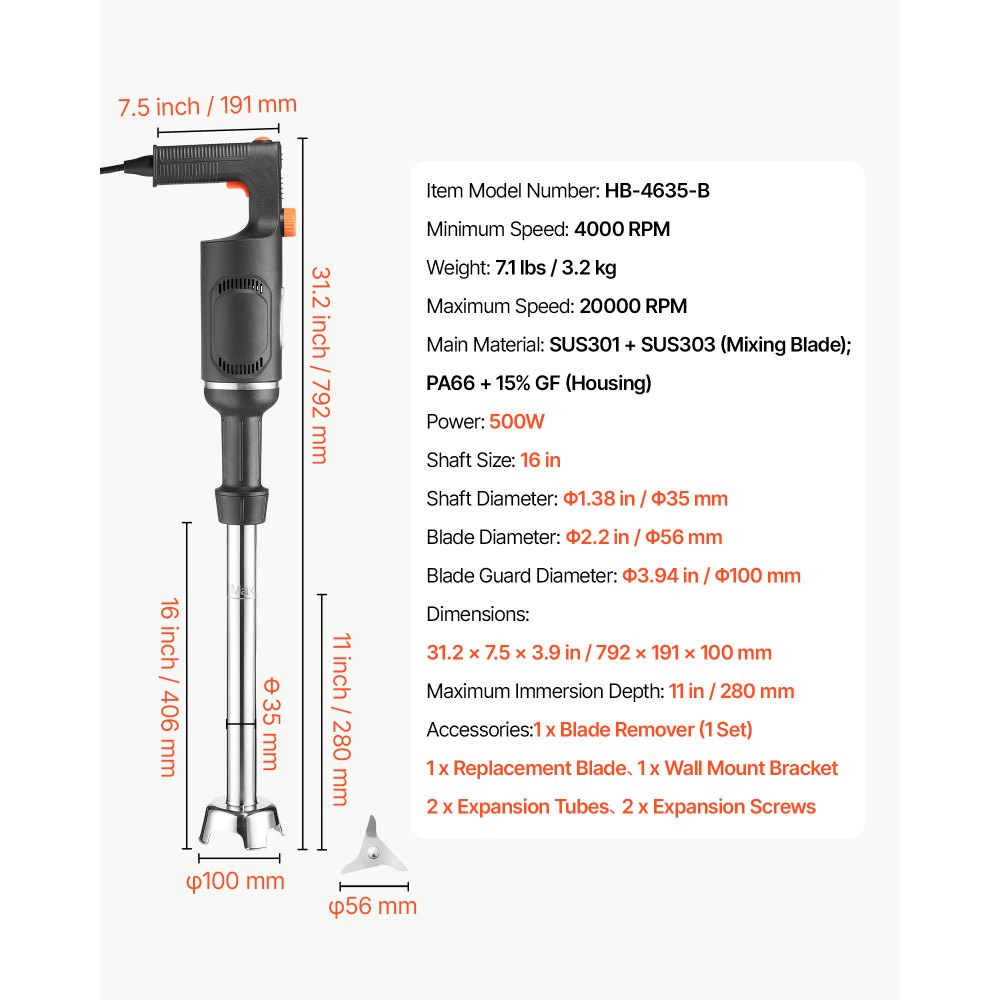 VEVOR Batidora de Inmersión 500W 41 cm Batidora de Mano de Alta Resistencia, para Restaurantes, con Motor de Cobre Puro, Cabezal de Acero Inoxidable de 3 Aspas, Velocidad Variable, para Sopas y Salsas