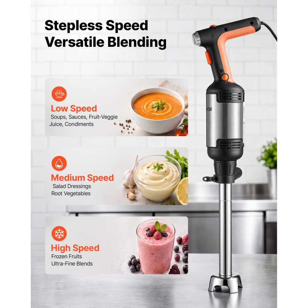 VEVOR Batidora de Inmersión 750W 36 cm Batidora de Mano de Alta Resistencia, para Restaurantes, con Motor de Cobre Puro, Cabezal de Acero Inoxidable de 3 Aspas, Velocidad Variable, para Sopas y Salsas