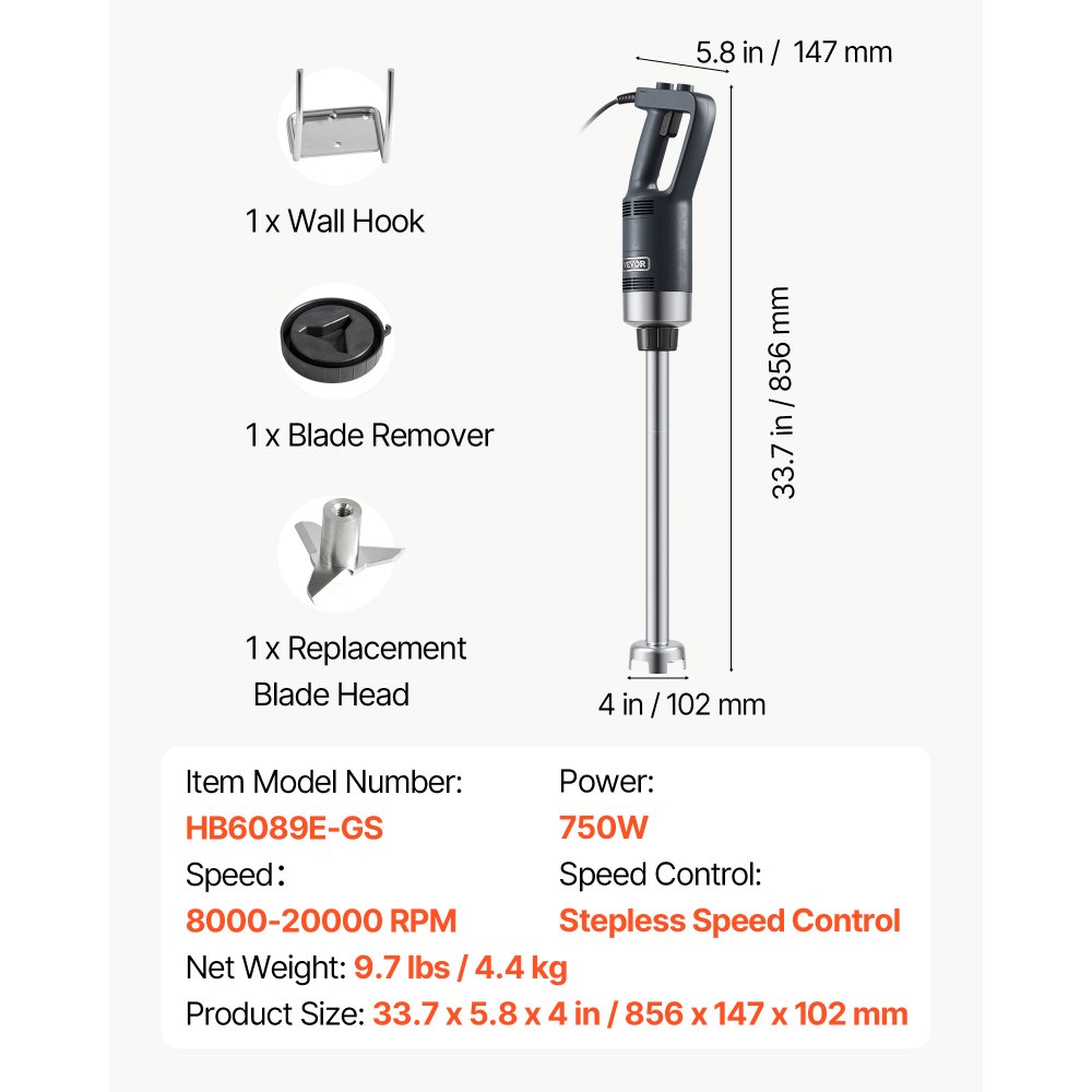 VEVOR Batidora de Mano 750 W 855 mm Licuadora de Inmersión Comercial de Alta Resistencia Velocidad Variable Hoja de Acero Inoxidable Batidora Portátil Versátil para Sopa Batido Puré Comida para Bebés
