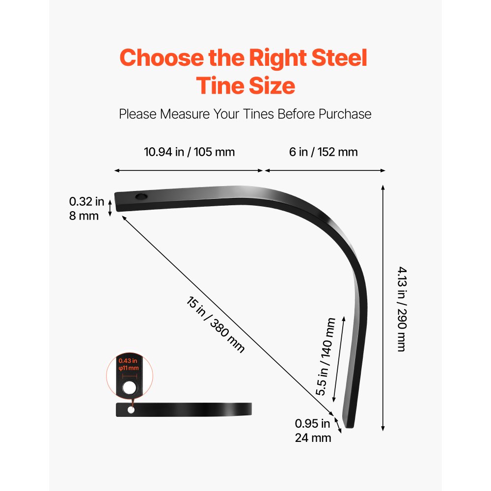 VEVOR Púas de Repuesto para Rastrillo de Tractor, Paquete de 6 Unidades, Dientes para Escarificador, con Agujeros de Perno 11 mm, Acero, para Airear Césped Nivelar Terreno Limpiar Hojas Jardinería