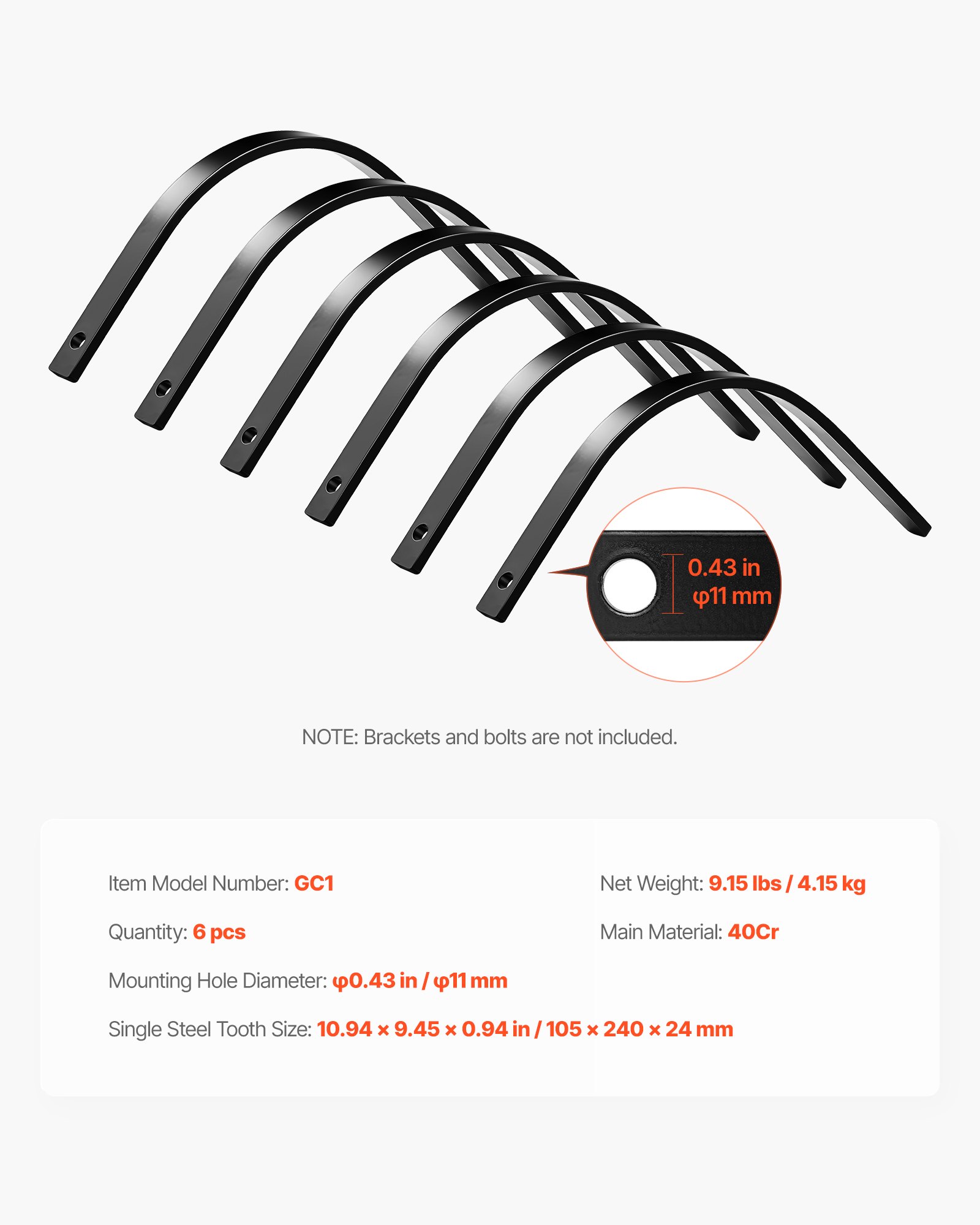 VEVOR Púas de Repuesto para Rastrillo de Tractor, Paquete de 6 Unidades, Dientes para Escarificador, con Agujeros de Perno 11 mm, Acero, para Airear Césped Nivelar Terreno Limpiar Hojas Jardinería