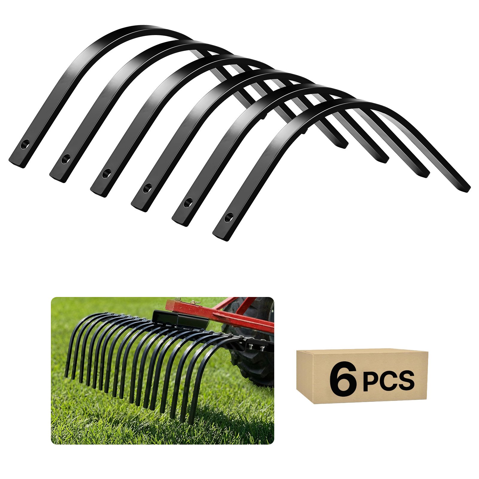 VEVOR Púas de Repuesto para Rastrillo de Tractor, Paquete de 6 Unidades, Dientes para Escarificador, con Agujeros de Perno 11 mm, Acero, para Airear Césped Nivelar Terreno Limpiar Hojas Jardinería
