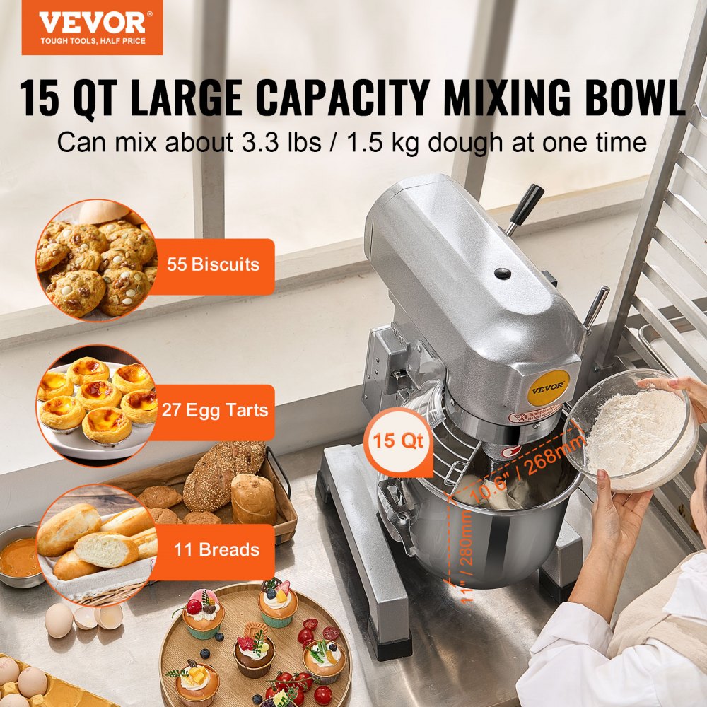VEVOR Batidora de Cocina Comercial 14 L Batidora de Pie Comercial 3 Velocidades Ajustables Amasadora de 550 W con Tazón de Acero Inoxidable y 3 Accesorios para Mezclar para Restaurante, Panadería