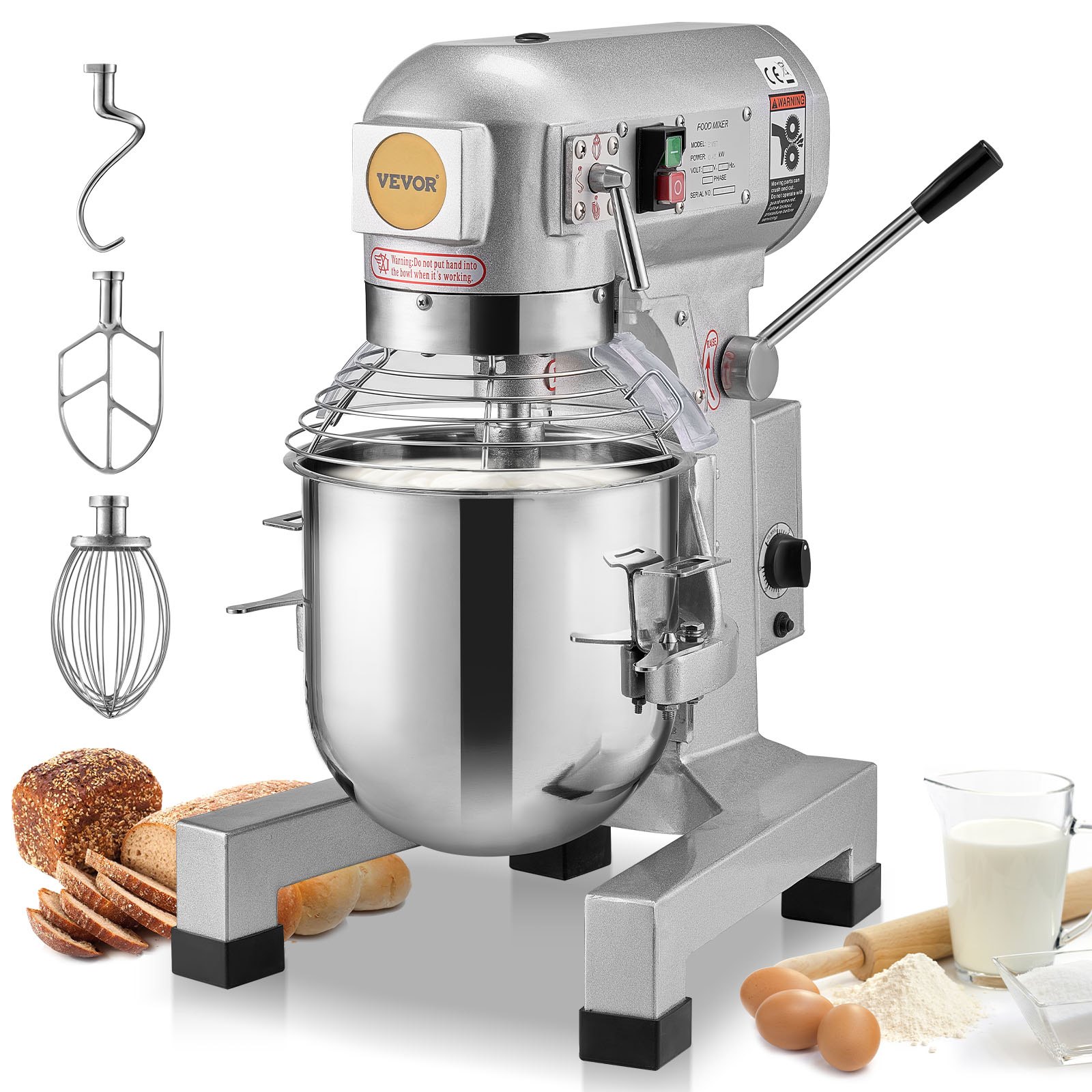 VEVOR Batidora de Cocina Comercial 14 L Batidora de Pie Comercial 3 Velocidades Ajustables Amasadora de 550 W con Tazón de Acero Inoxidable y 3 Accesorios para Mezclar para Restaurante, Panadería