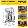 VEVOR Batidora de Cocina Comercial 15 QT  Batidora de Pie Comercial 3 Velocidades Ajustables Amasadora de 600 W con Tazón de Acero Inoxidable y Accesorios para Mezclar para Restaurante, Panadería