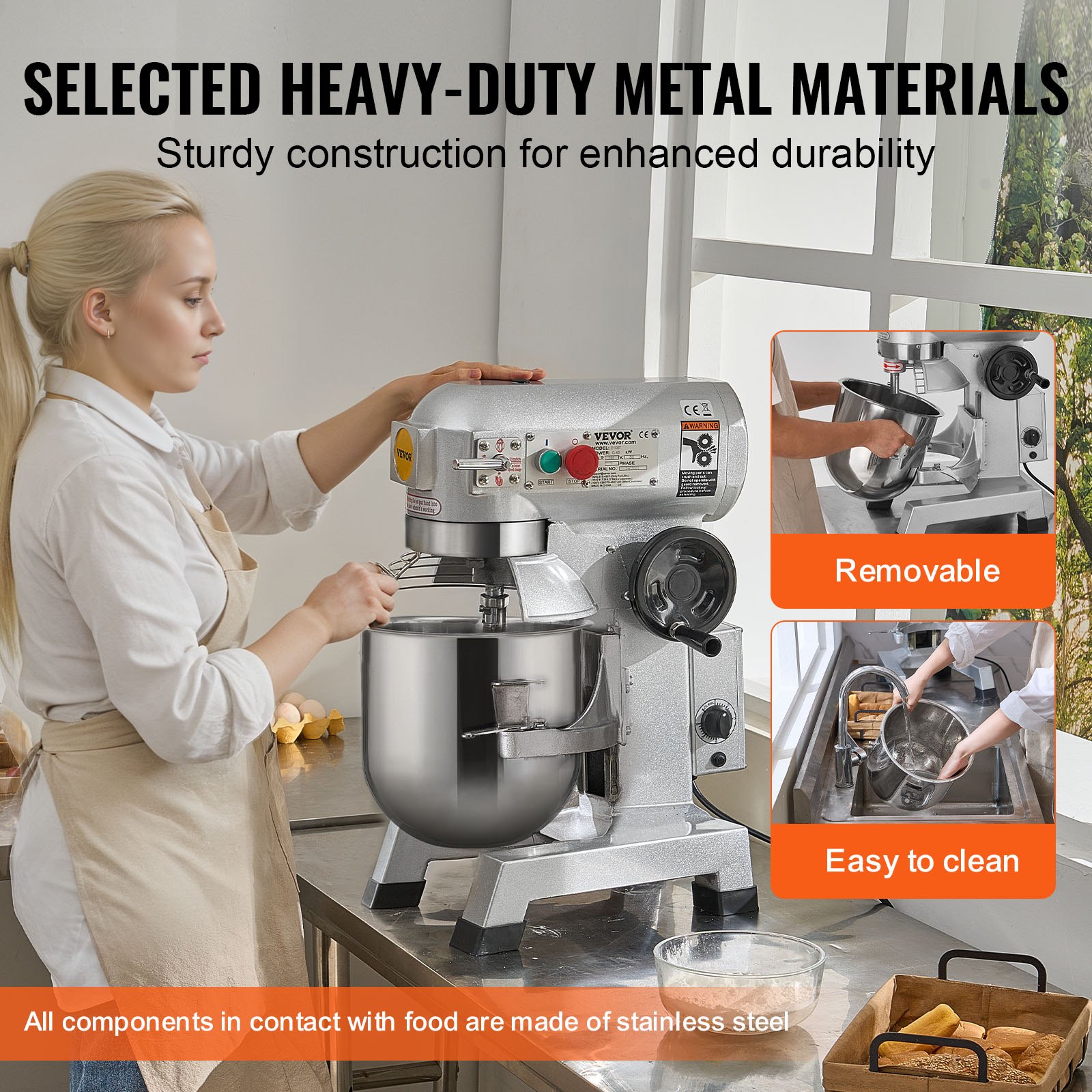 VEVOR Batidora de Cocina Comercial Batidora de Pie Comercial de 18,7 L con 3 Velocidades Ajustables Amasadora de 1100 W con Tazón de Acero Inoxidable y 3 Accesorios para Mezclar Ideal para Panadería