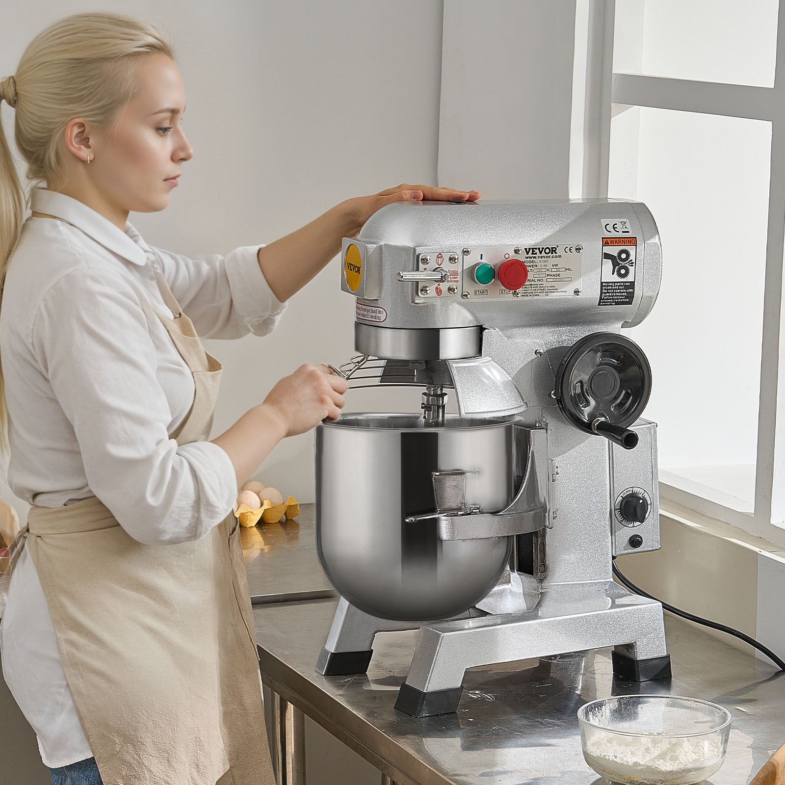 VEVOR Batidora de Cocina Comercial Batidora de Pie Comercial de 18,7 L con 3 Velocidades Ajustables Amasadora de 1100 W con Tazón de Acero Inoxidable y 3 Accesorios para Mezclar Ideal para Panadería