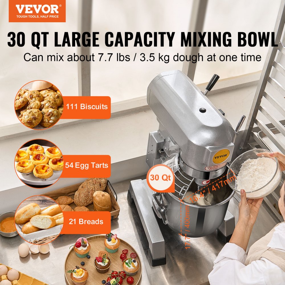 VEVOR Batidora de Cocina Comercial 28,5 L Batidora de Pie Comercial 3 Velocidades Ajustables Amasadora de 1100 W con Tazón de Acero Inoxidable y 3 Accesorios para Mezclar para Restaurante, Panadería